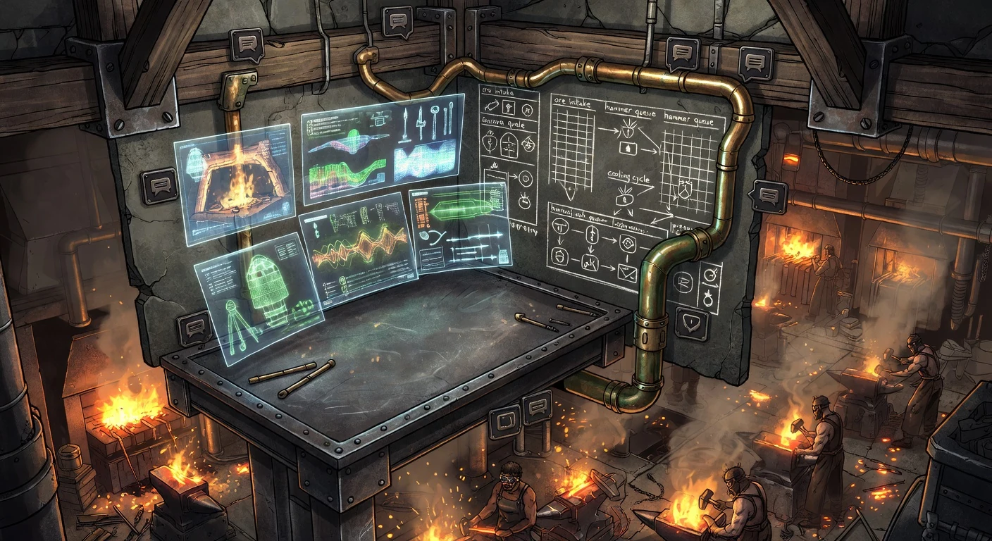 The Command Desk — a blacksmith's command desk overlooking the workshop, multi-screen dashboard, chalk kanban boards, a speaking tube to the ceiling.