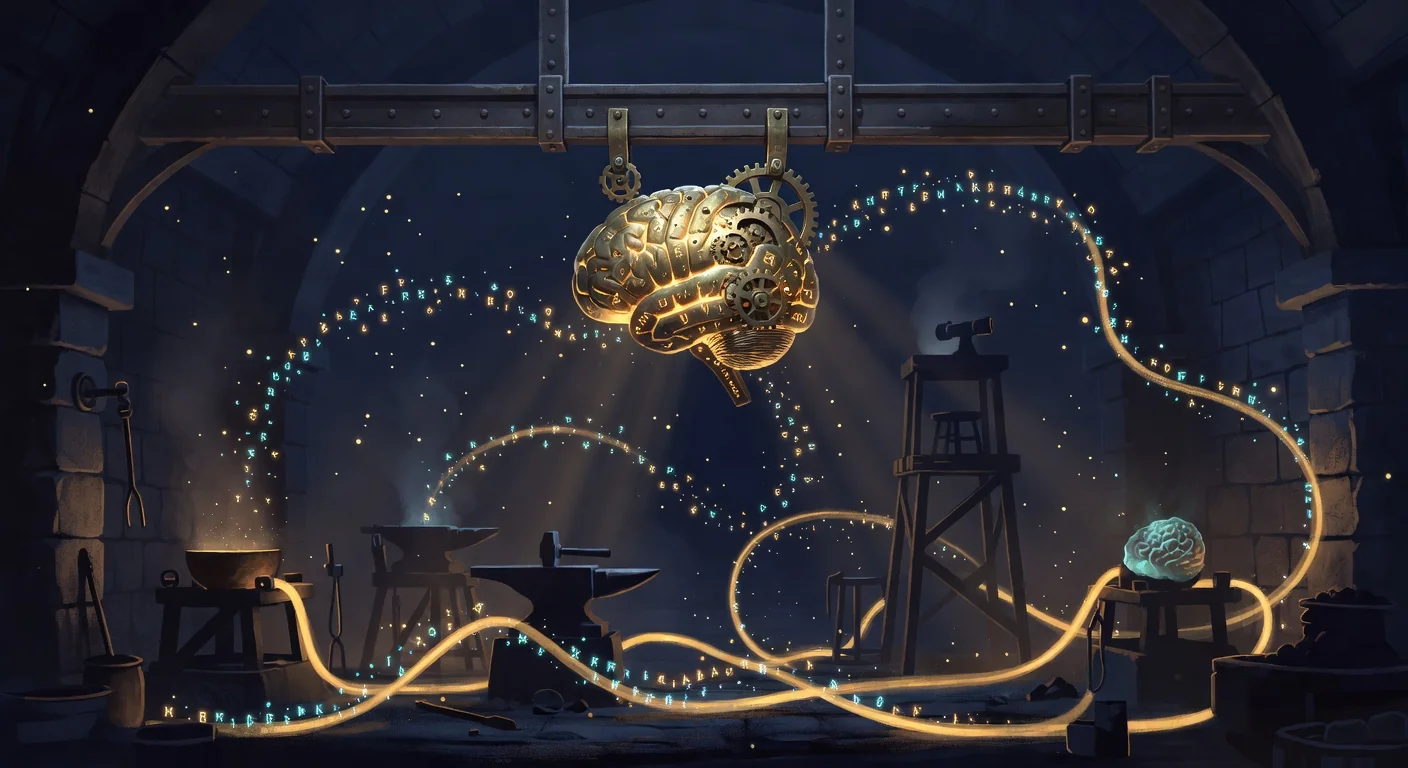 A glowing golden-brain mechanical foreman suspended above the forge floor, amber and cyan tendrils linking the four station silhouettes (crucible, anvil, watchtower, brain-crystal) in a closed feedback loop.