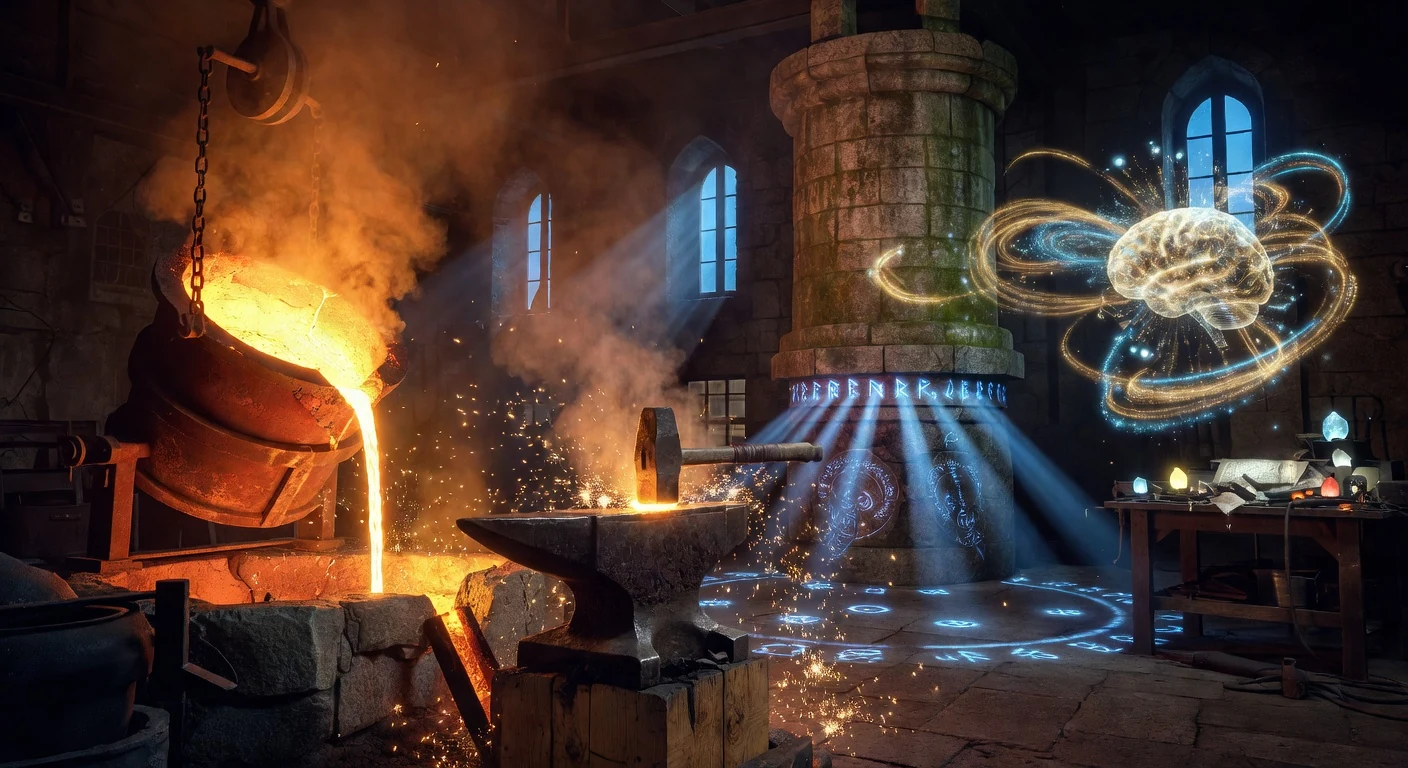 Panorama of the Plan Forge workshop — crucible pouring molten iron on the left, anvil with hammer mid-strike center, rune-inscribed watchtower right-of-center, golden brain absorbing event streams on the far right.