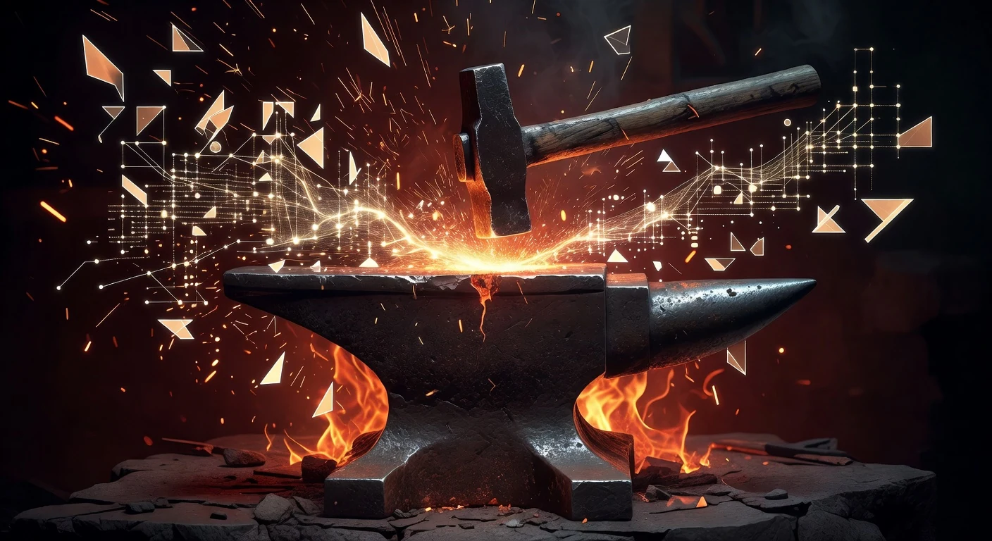 The Forge station — anvil with hammer mid-strike, sparks forming slice-blocks, a holographic execution graph glowing in the spark-shower.