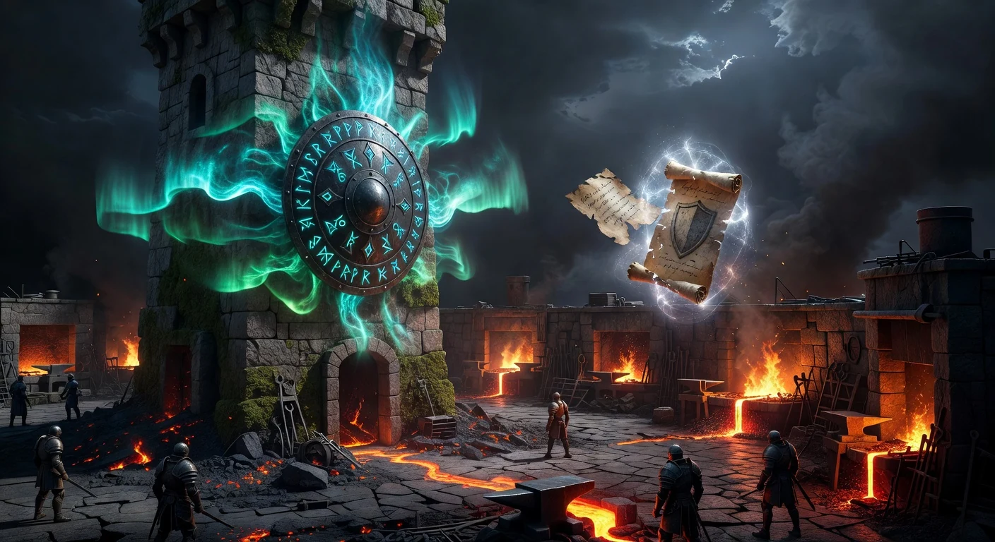 The Guard station — stone watchtower at the edge of the forge floor, glowing cyan rune-shield, sentry silhouettes patrolling, a CVE-labeled scroll intercepted mid-air.