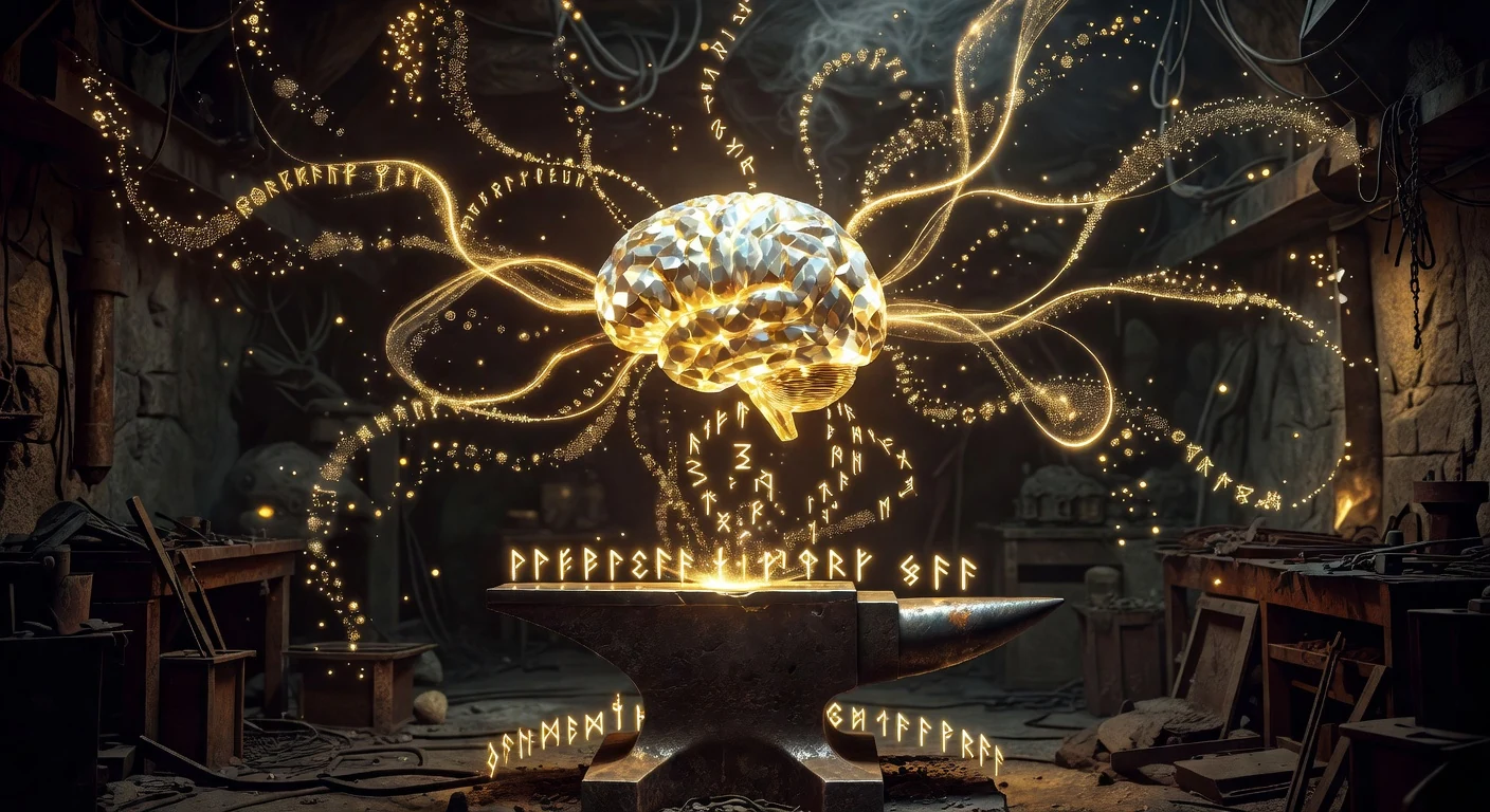 The Learn station — a golden brain-shaped crystal suspended over an anvil, tendrils of light absorbing event motes, runic memory inscriptions floating upward.