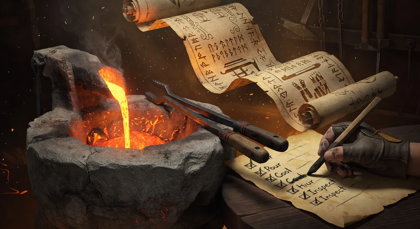 The Smelt station — stone crucible pouring molten iron, blacksmith tongs, parchment checklist being inscribed in warm ember light.
