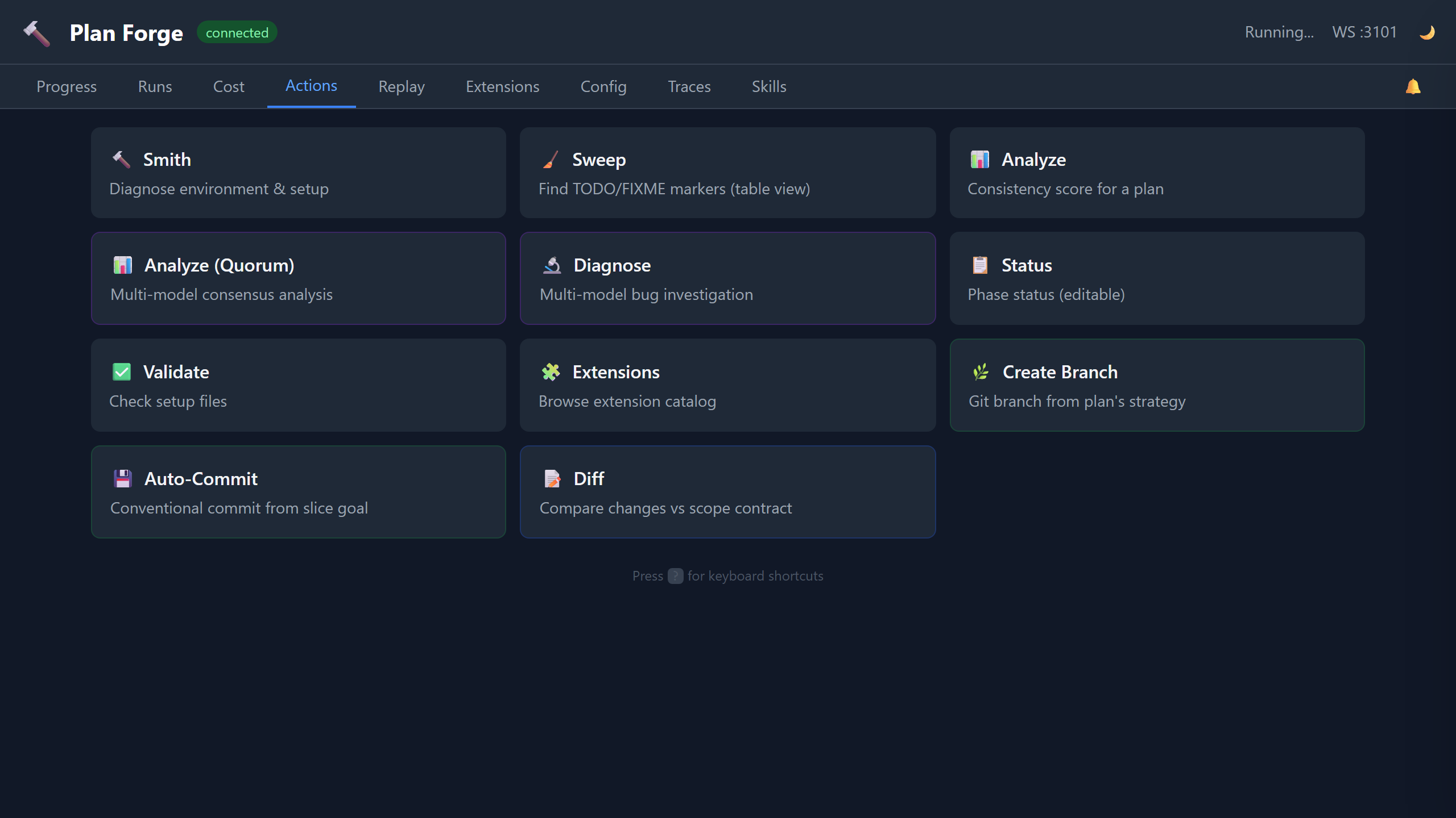 Dashboard Actions tab showing 11 action cards including git ops, sweep, and status editor