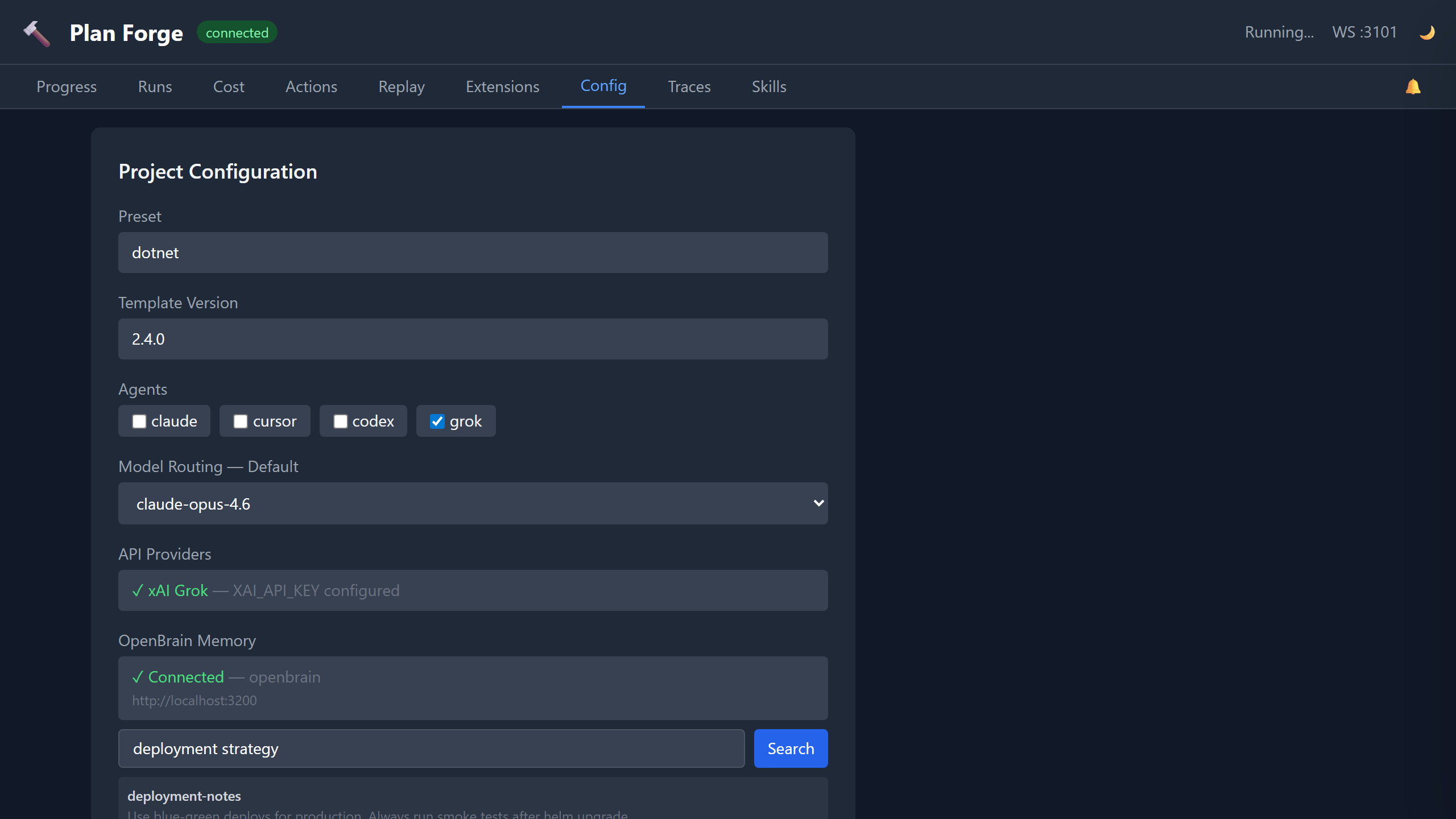 Dashboard Config tab showing preset, agents, model routing, API providers, OpenBrain memory status, and memory search