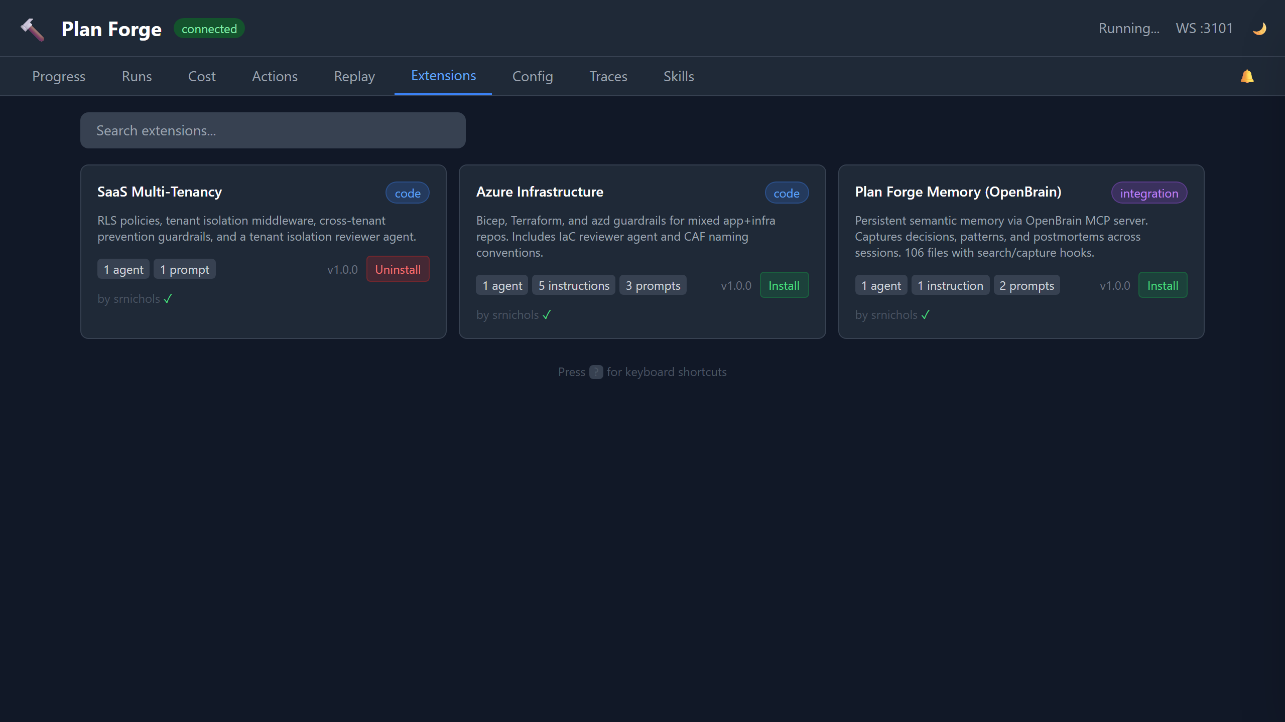 Dashboard Extensions tab with install/uninstall buttons on extension cards