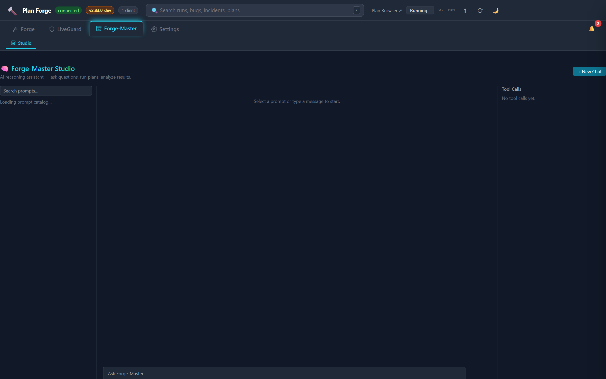 Dashboard Forge-Master Studio tab showing the prompt gallery, streaming chat with intent classification badge, and the embedding cache liveliness tile