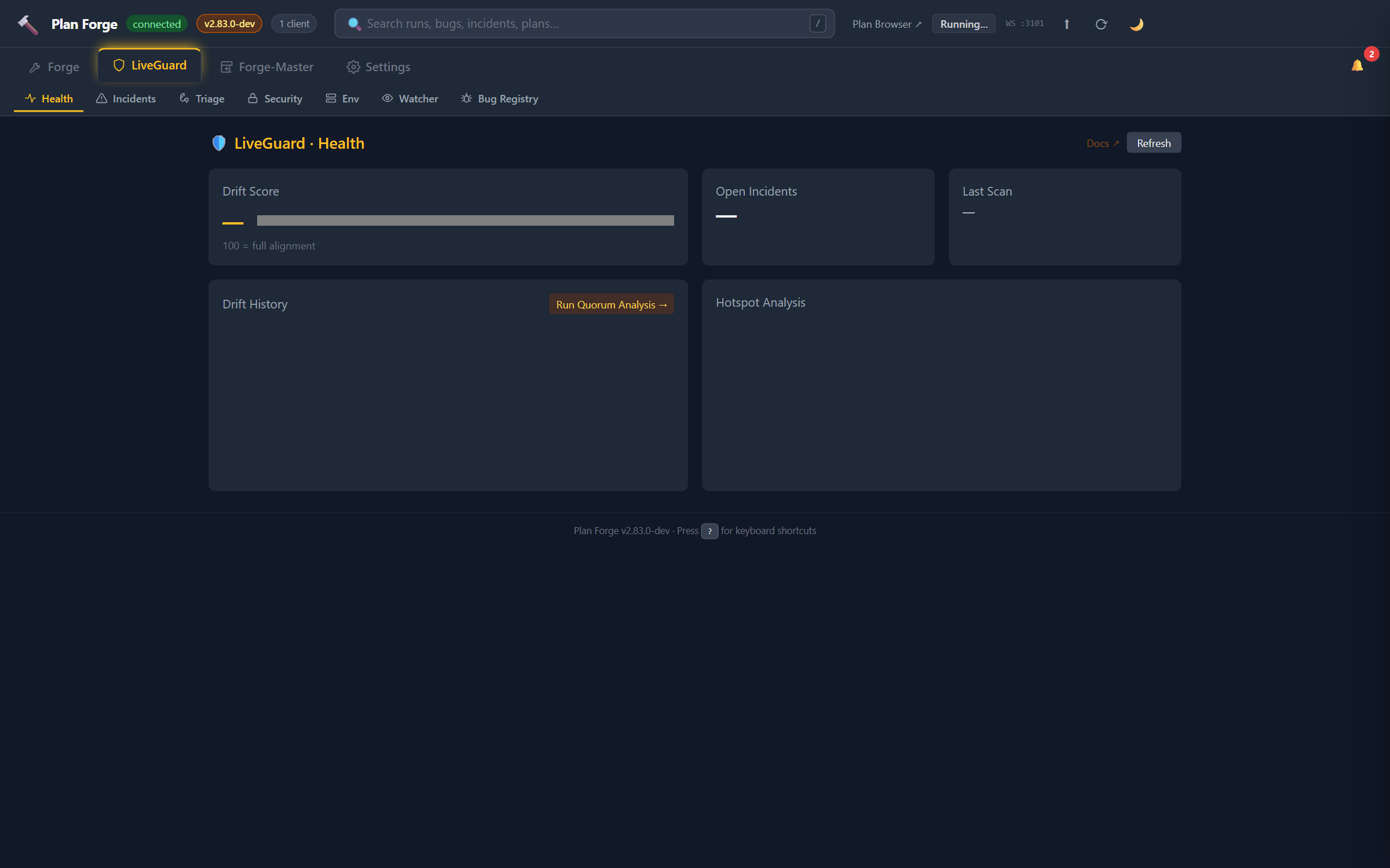 LiveGuard Health tab, composite health gauge, 30-day drift trend, MTTBF, and per-component metrics from forge_health_trend