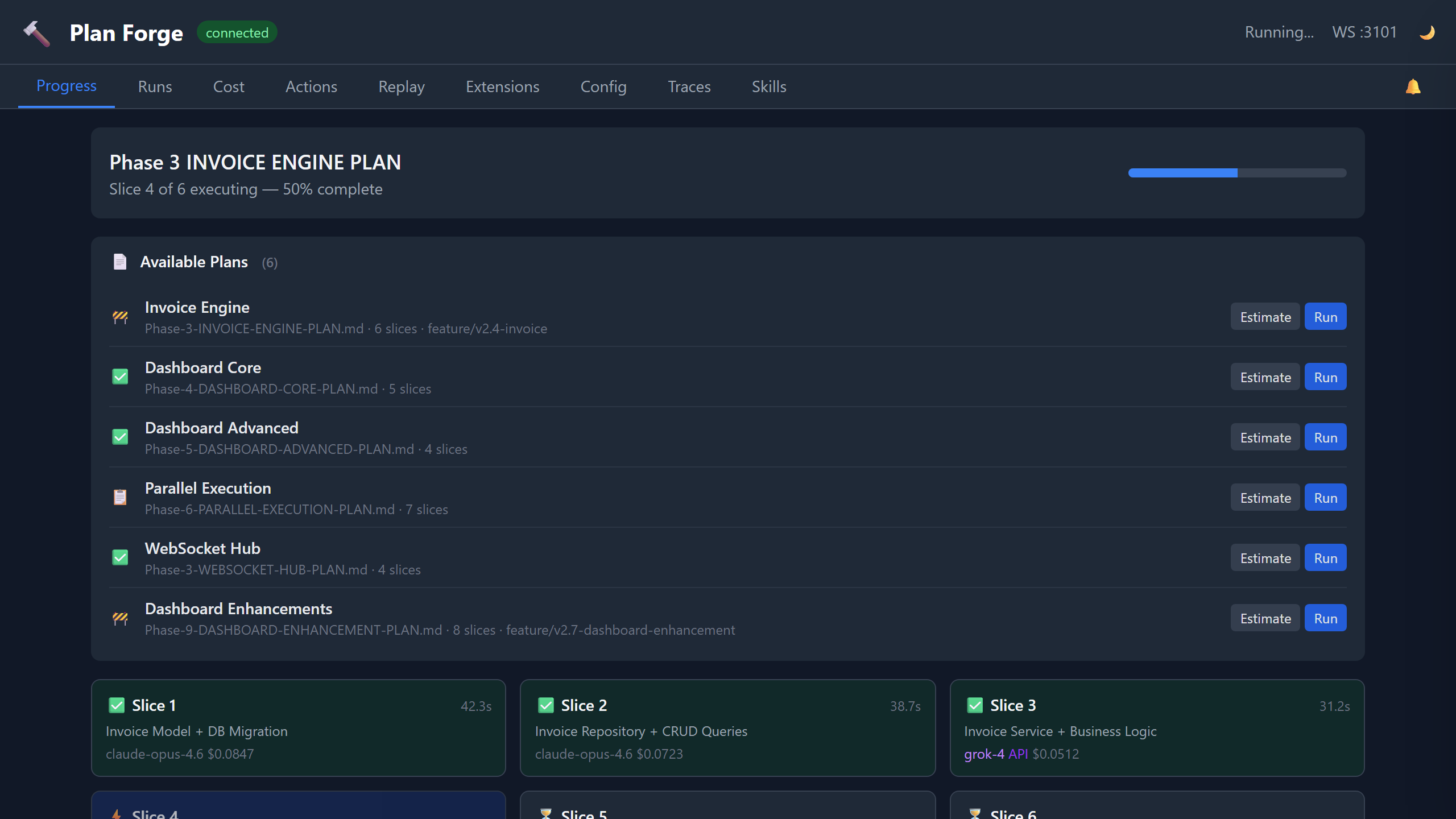 Dashboard Progress tab with plan browser showing 6 plans, plus slice cards — 3 completed, 1 executing