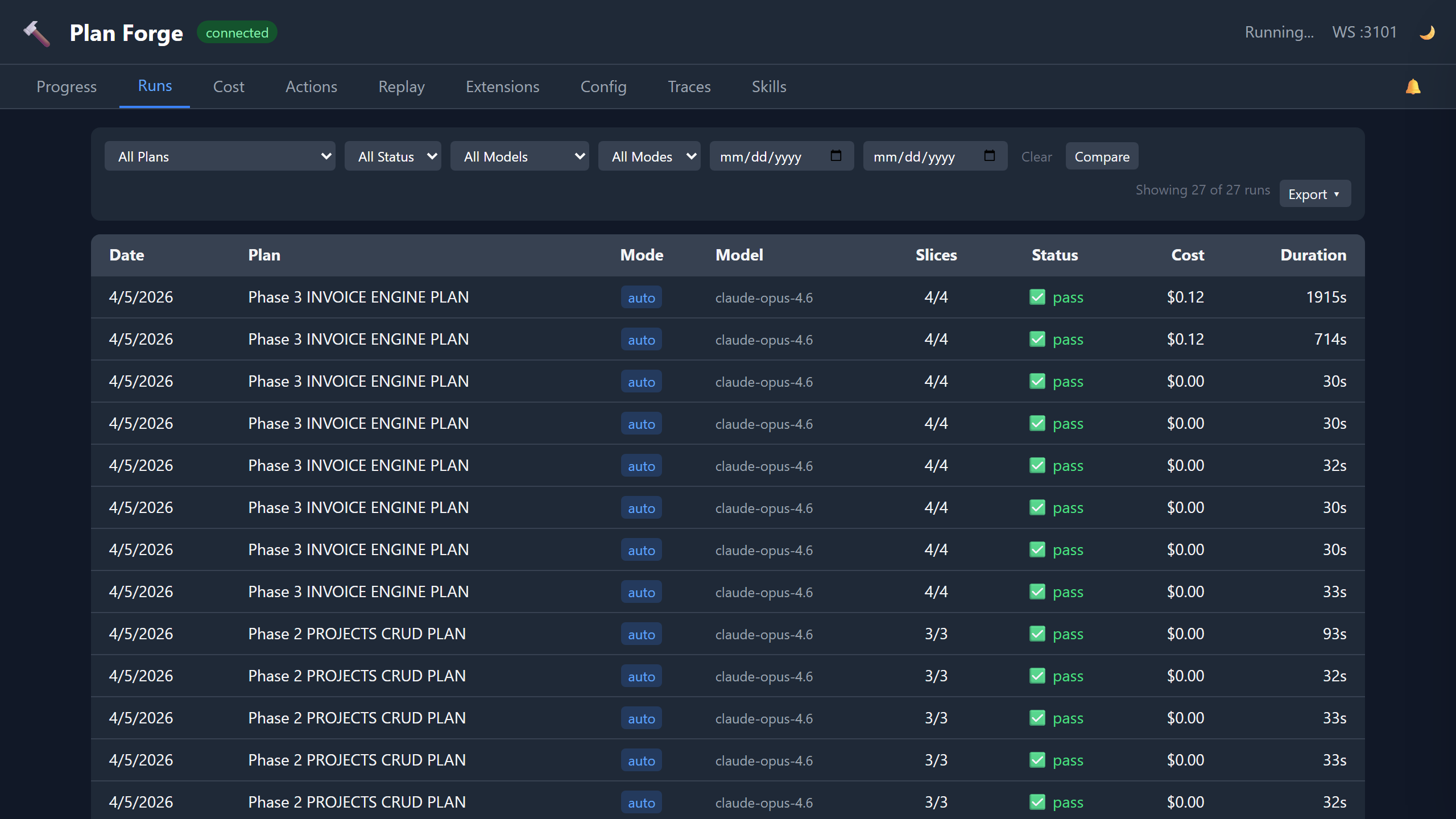 Dashboard Runs tab showing historical execution log