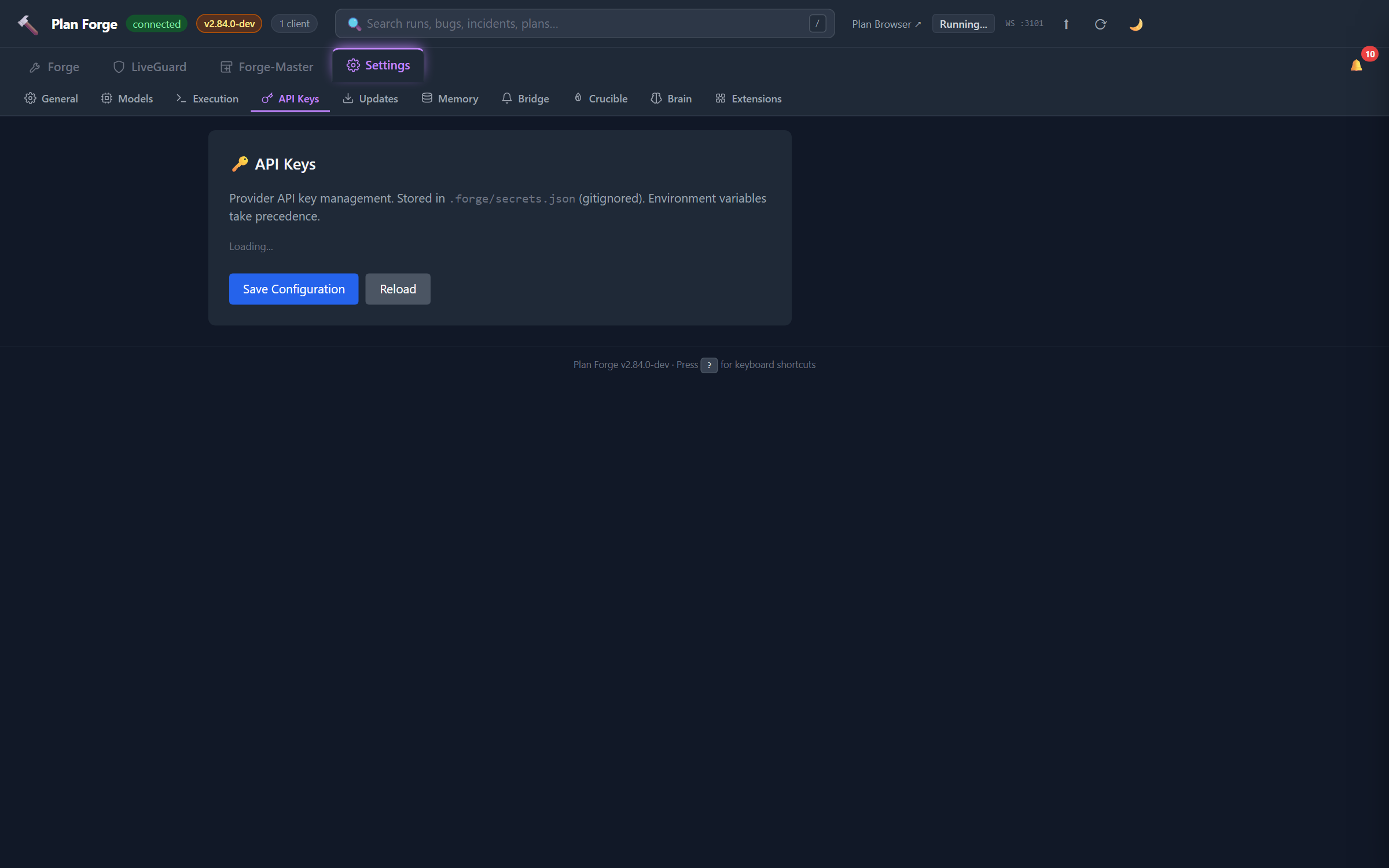 Settings → API Keys sub-tab showing masked input fields for XAI, OpenAI, Anthropic keys with per-row Test buttons