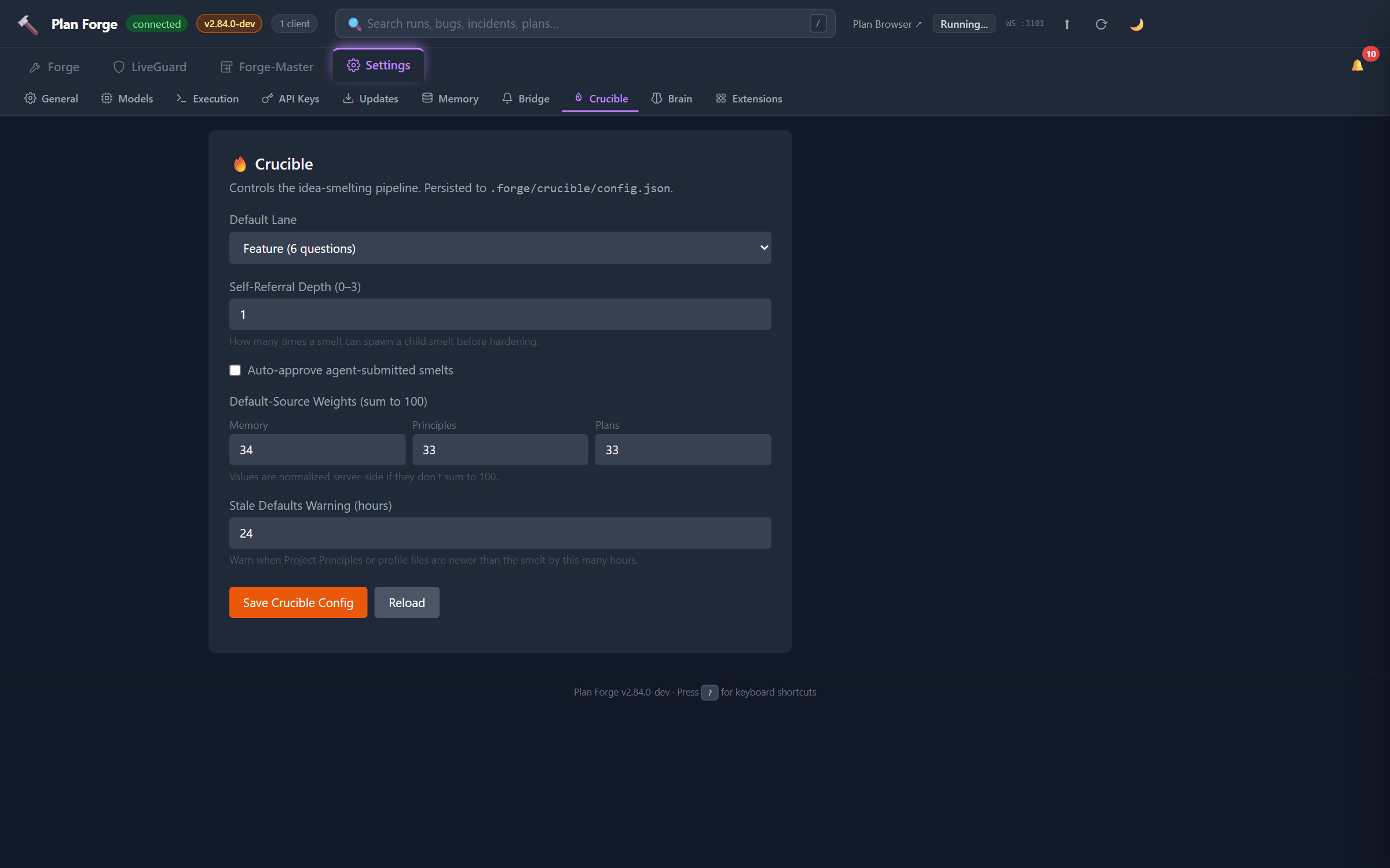 Settings → Crucible sub-tab showing Default Lane dropdown, Self-Referral Depth, Auto-approve toggle, Default-Source Weights, and Stale Defaults Warning fields