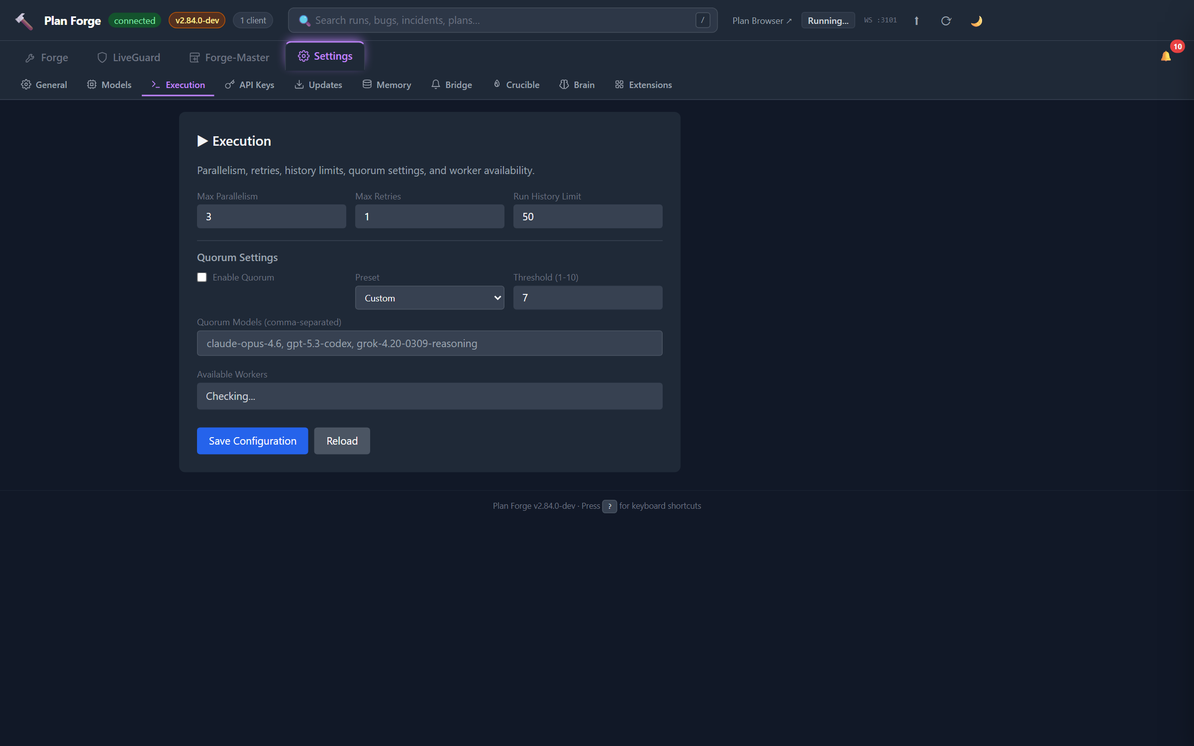 Settings → Execution sub-tab showing quorum mode, threshold, escalation chain, and retry policy controls