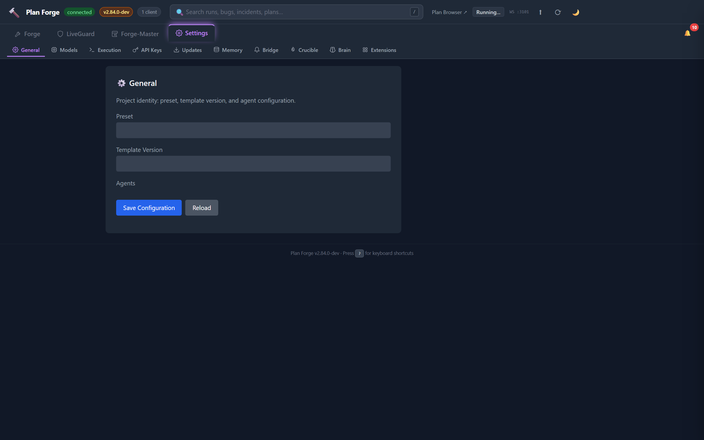 Settings → General sub-tab showing project identity fields (preset, template version, agents) with Save Configuration and Reload buttons