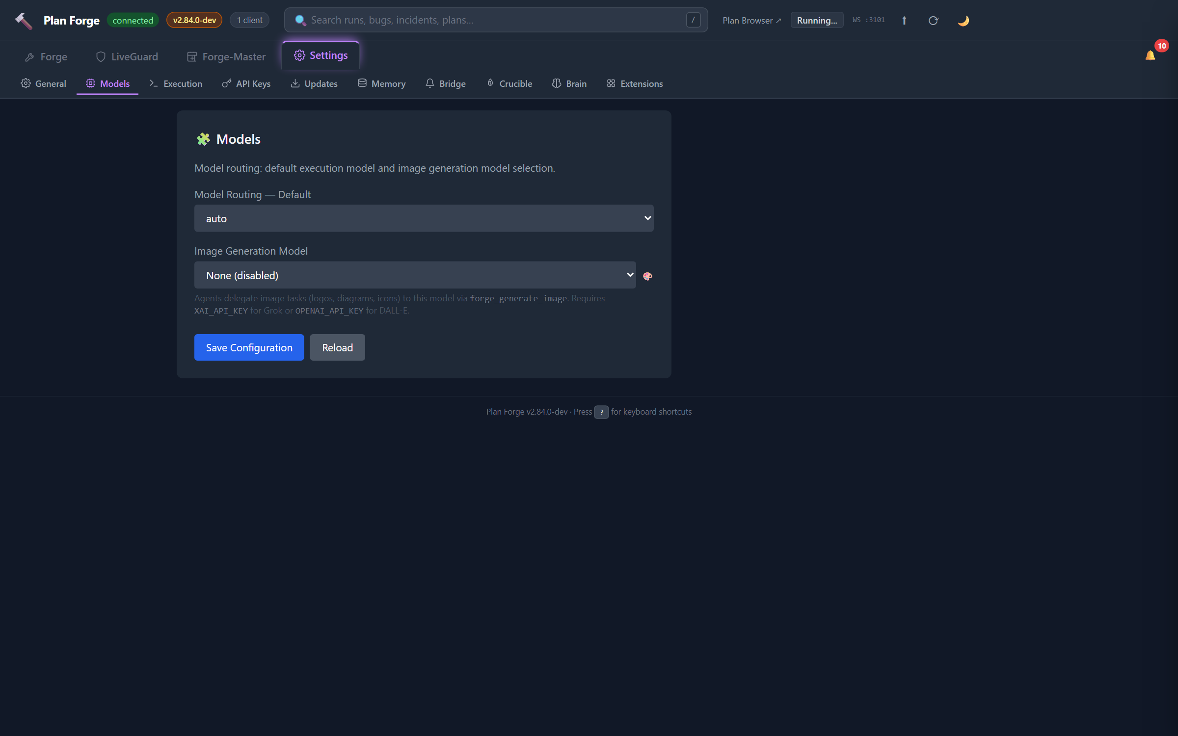 Settings → Models sub-tab with Model Routing dropdown set to auto and Image Generation Model dropdown