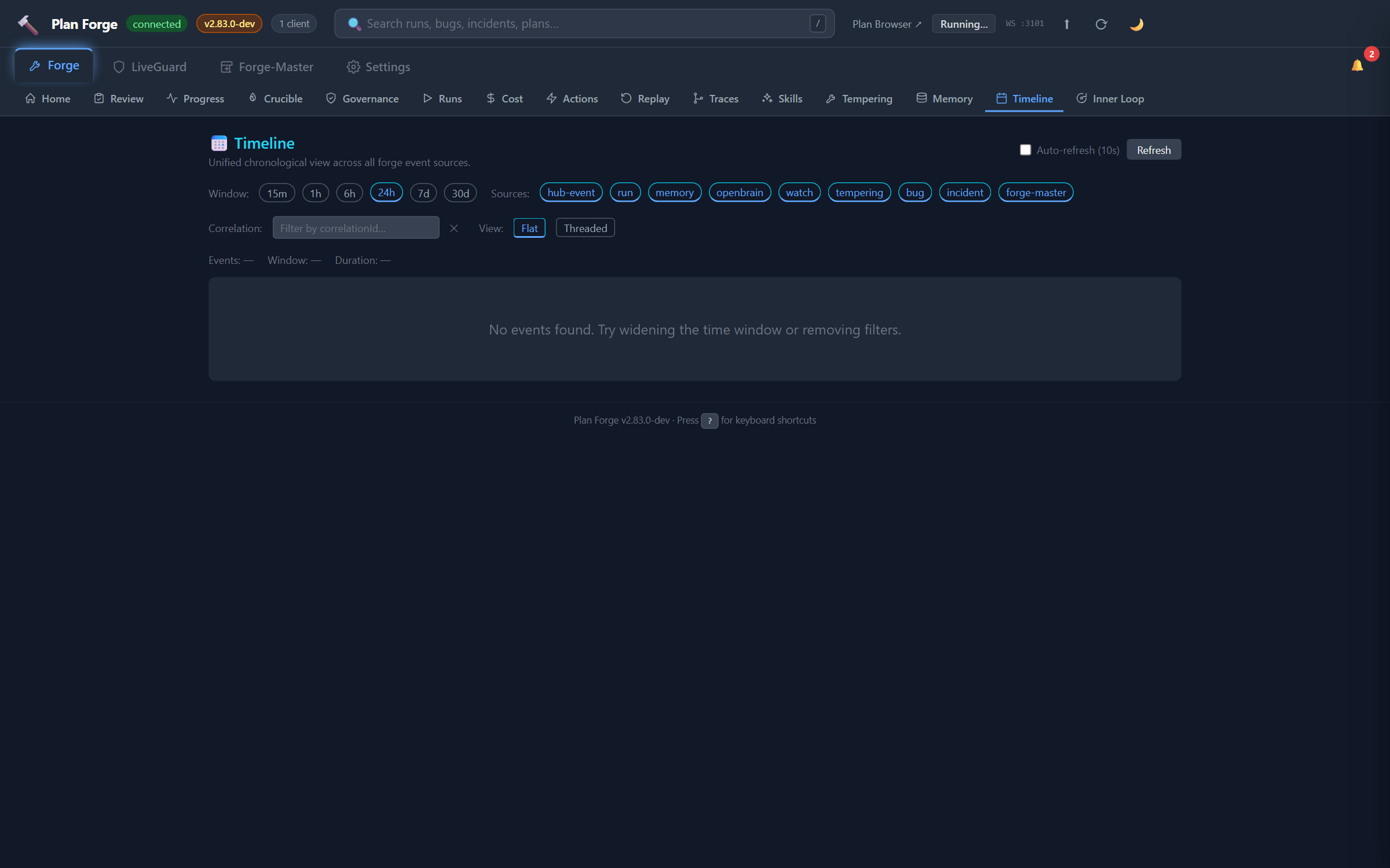 Dashboard Timeline tab, unified chronological view across 9 sources (run, incident, bug, deploy, crucible, fm-turn, memory, tempering, watch)