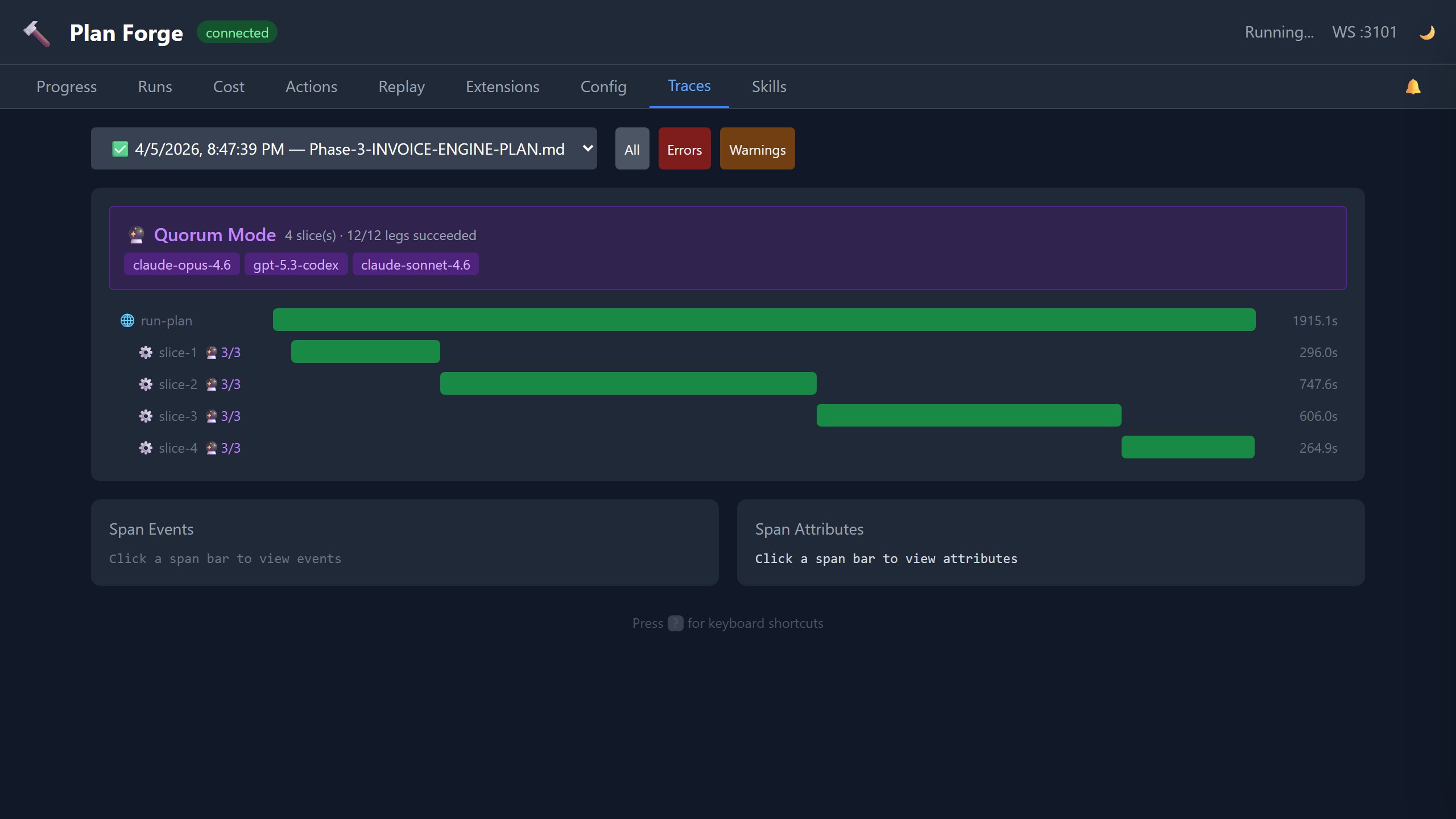 Dashboard Traces tab showing execution trace span tree