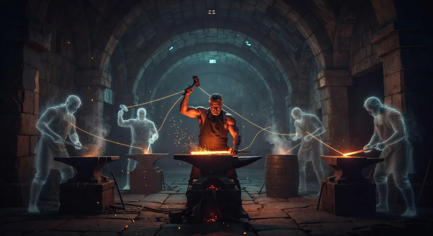 Forge-Master orchestrating ghostly apprentice-smiths — a visual metaphor for multi-agent tool orchestration