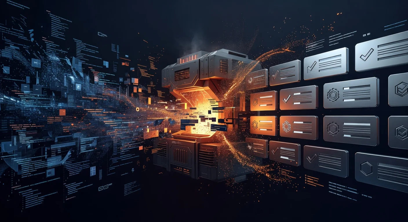 Chaotic code flows through a forge and emerges as organized, validated output