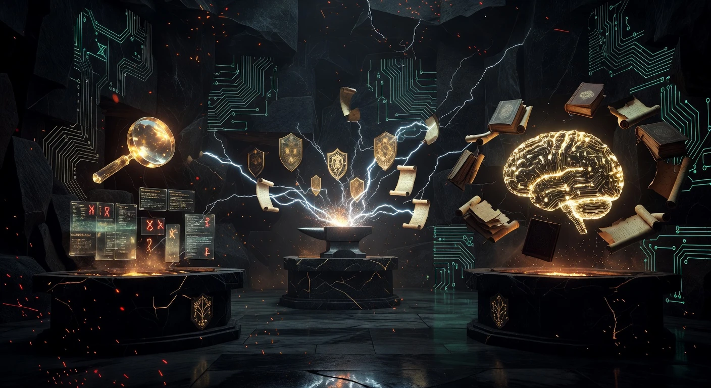 Dark forge control room with three stations: magnifying glass detecting code violations, anvil with lightning shields for automatic response, golden brain absorbing knowledge