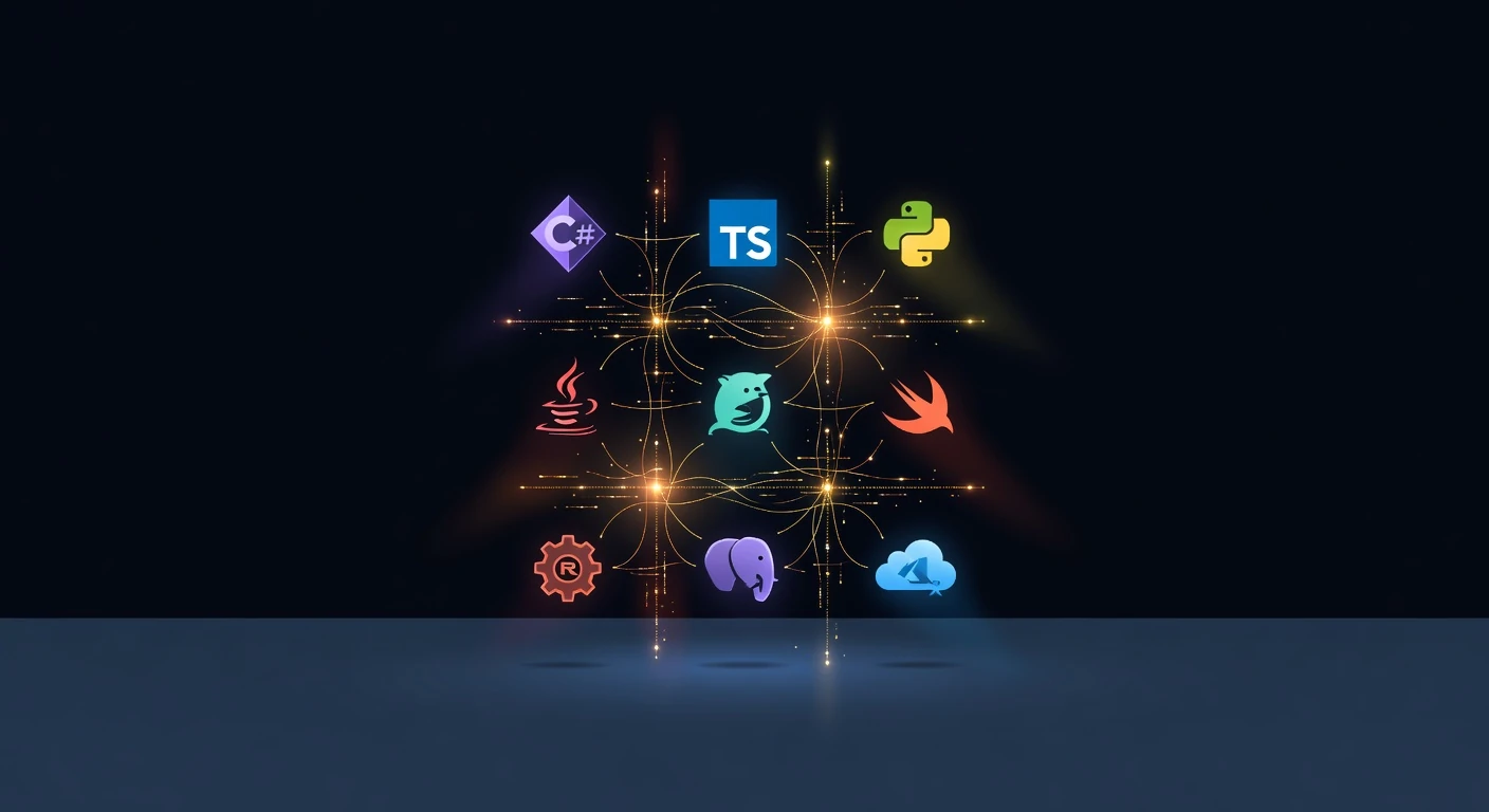 9 supported tech stacks connected in a neural network