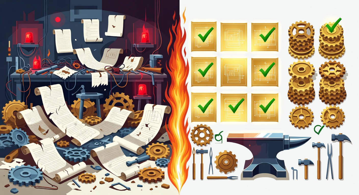 Split-screen forge workshop: chaotic left side with scattered code scrolls and red warnings versus pristine right side with golden blueprints and green checkmarks, divided by forge flames