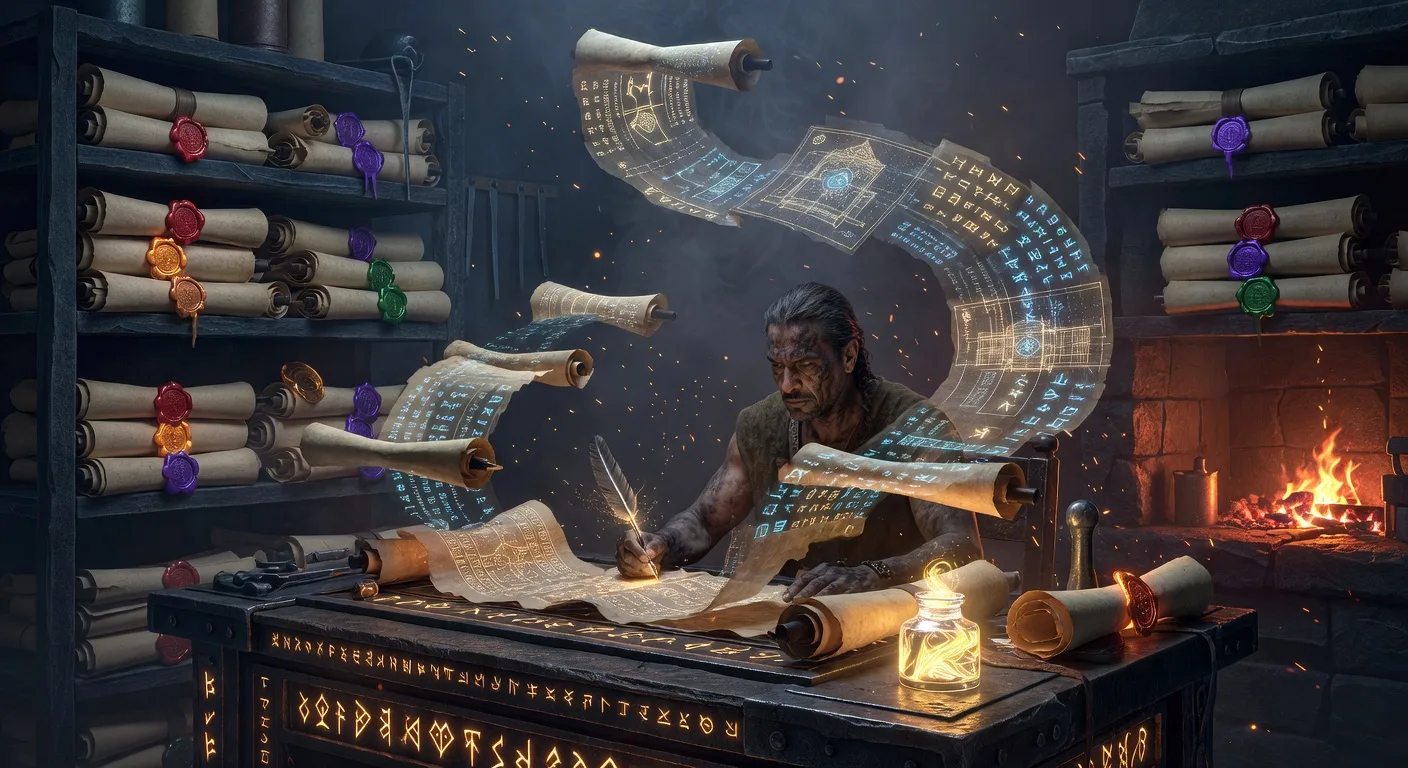 A forge smith writing scrolls that transform into glowing architectural blueprints, shelves of color-sealed scrolls behind