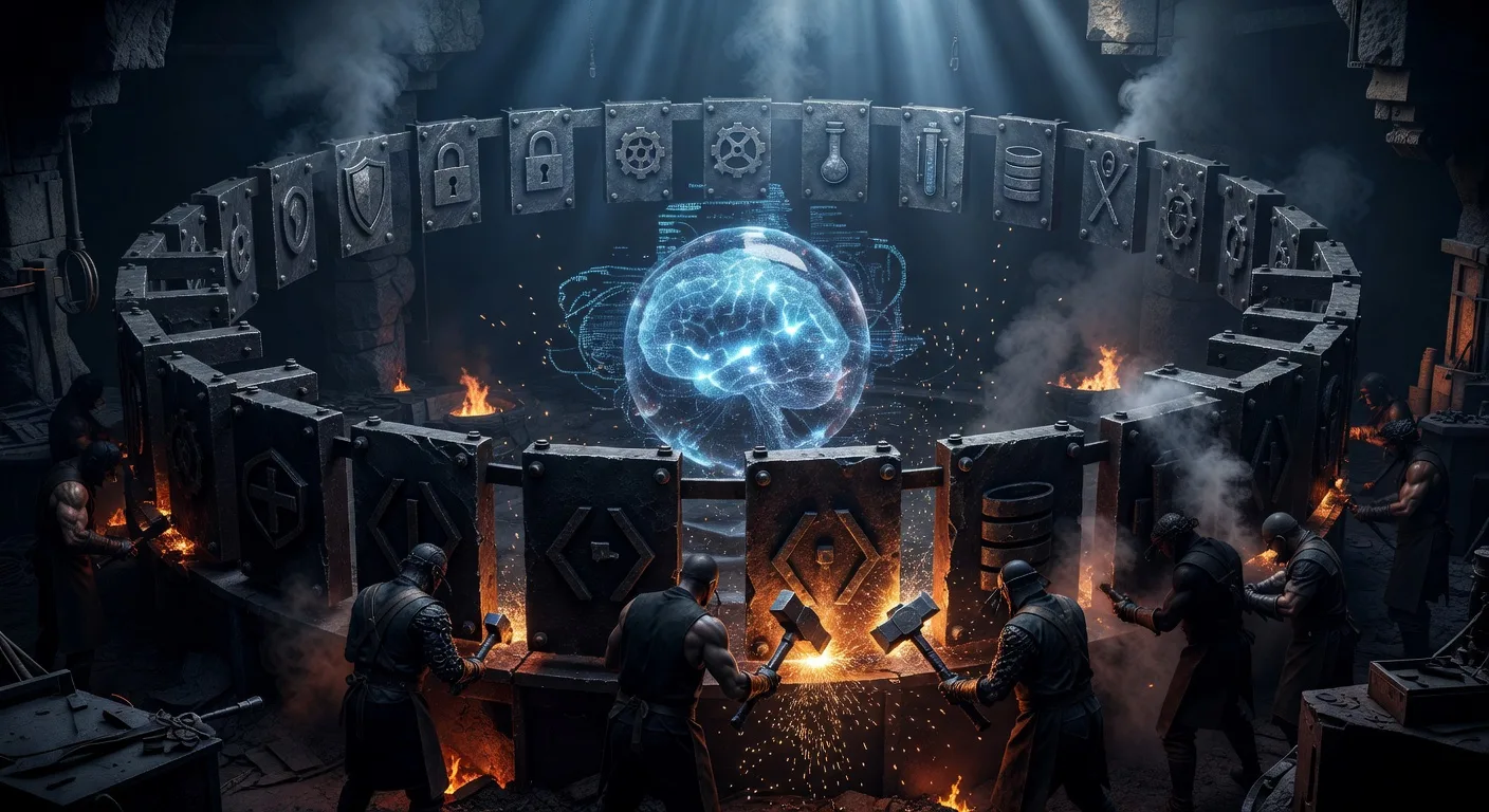 Blacksmiths forging iron guardrail plates around a glowing AI brain sphere, each plate etched with security, testing, and architecture symbols