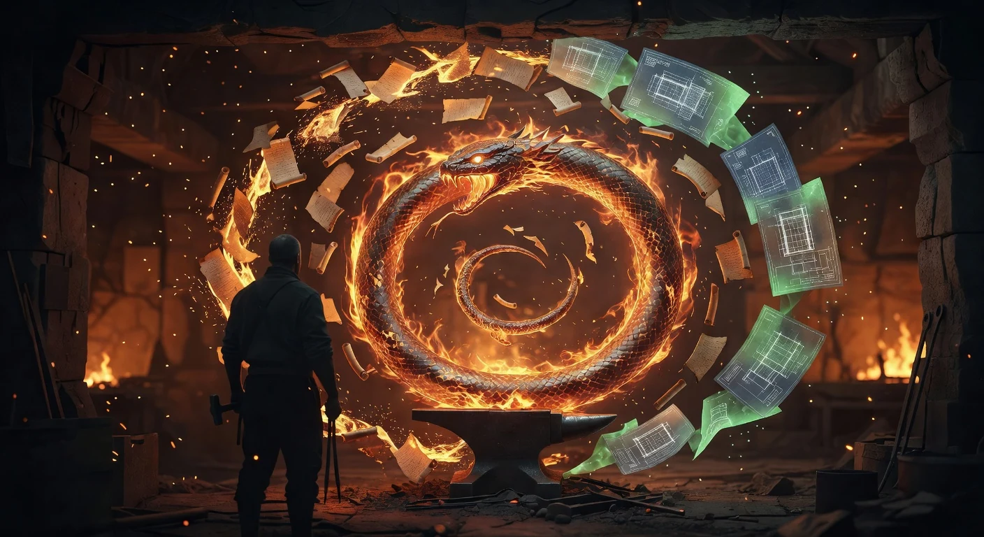A forge smith watching a glowing ouroboros of molten metal circle around an anvil, with parchment scrolls of bug reports being drawn into the flame and re-emerging as pristine emerald blueprints