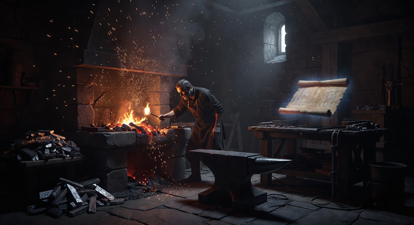 A lone blacksmith lighting a forge for the first time, dawn light streaming through the window, blueprint scroll on the workbench, raw iron ingots stacked nearby