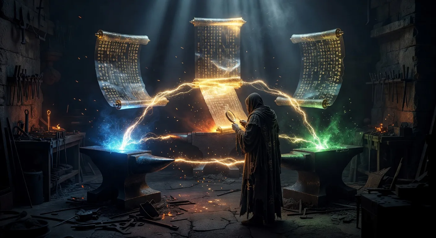 Robed reviewer examining three merging code scrolls from blue, green, and amber anvils in a dark forge workshop