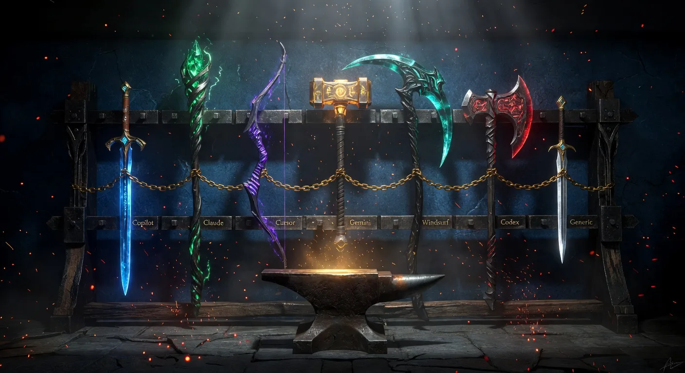 Seven magical weapons on a forge rack — blue sword (Copilot), green staff (Claude), purple bow (Cursor), amber hammer (Gemini), teal scythe (Windsurf), red axe (Codex), silver dagger (Generic) — connected by a golden chain with an anvil below
