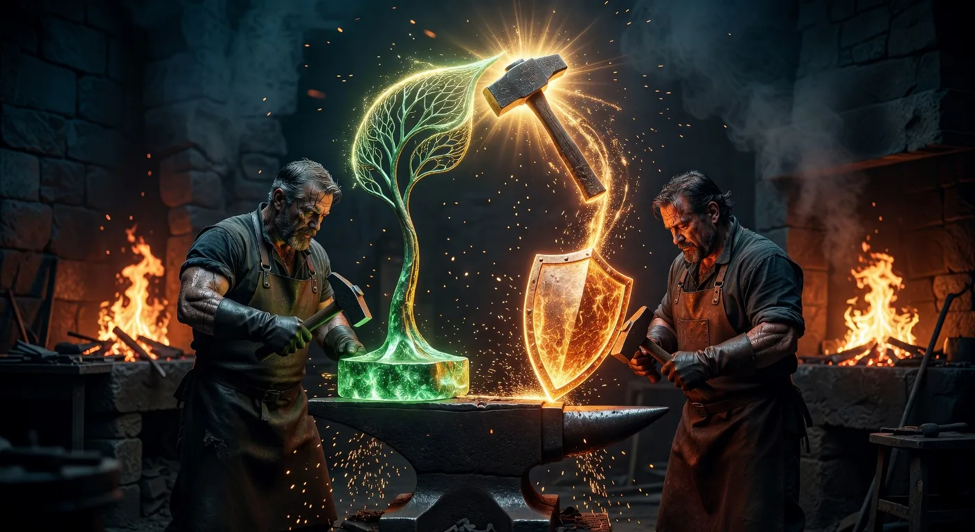 Two blacksmiths forging complementary creations — a green glowing seedling and an amber hammer-and-shield — that arc upward and interlock