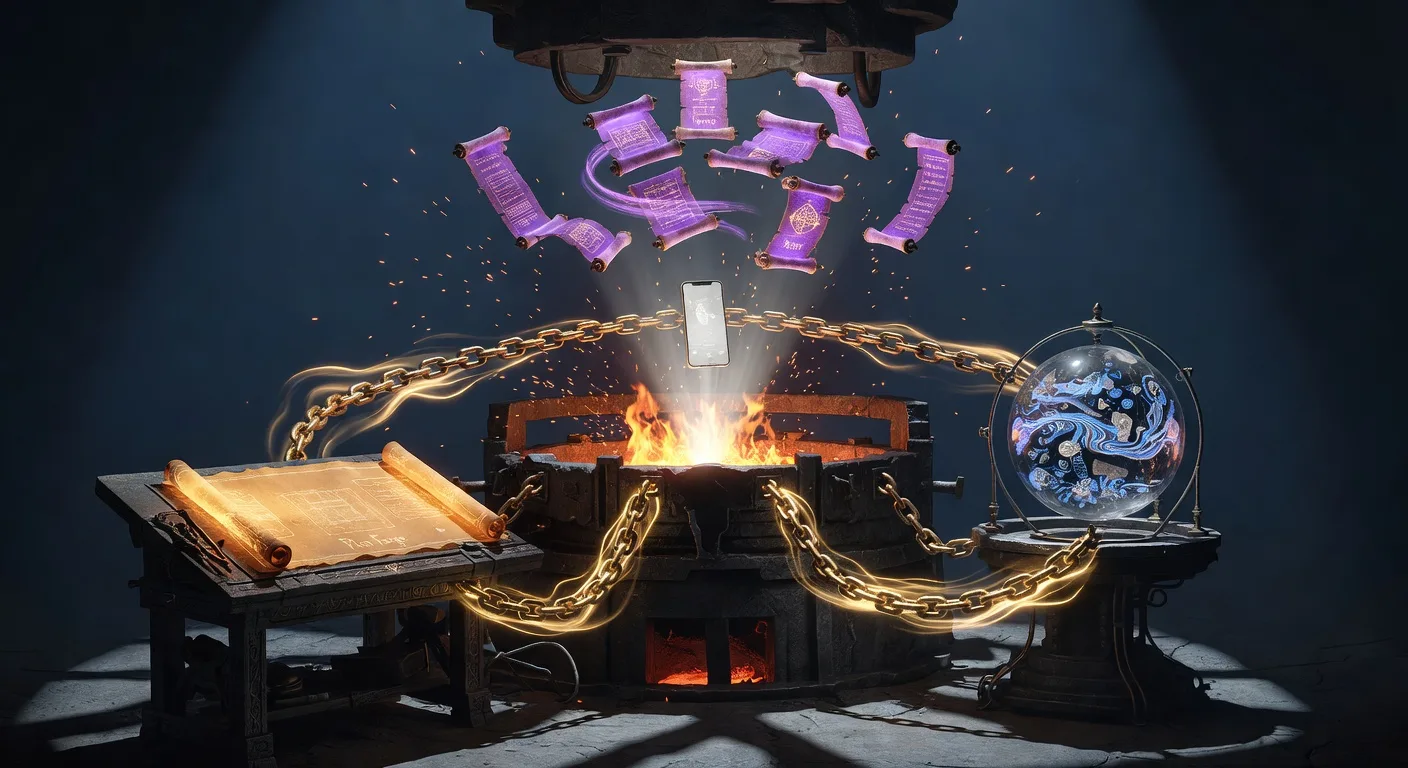 Three forge stations connected by golden chains — amber blueprint scroll, blue memory orb, and purple message scrolls — with a smartphone beaming light into the central forge