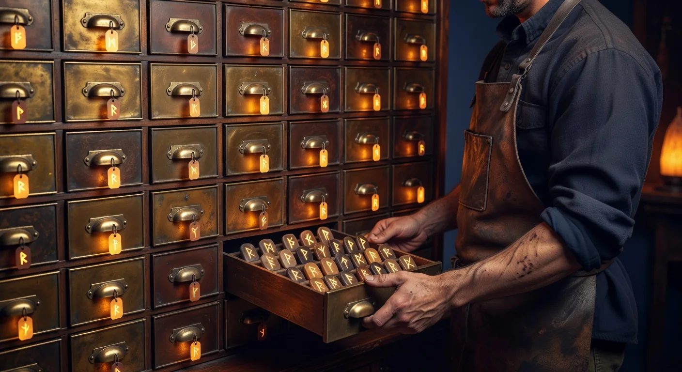 An ornate bronze card-catalog cabinet inside the Plan Forge shop, dozens of small drawers arranged in a grid each slightly open with small glowing amber tags hanging from their pulls, a librarian-smith pulling one drawer open to reveal small inscribed rune-stones with terms etched on them