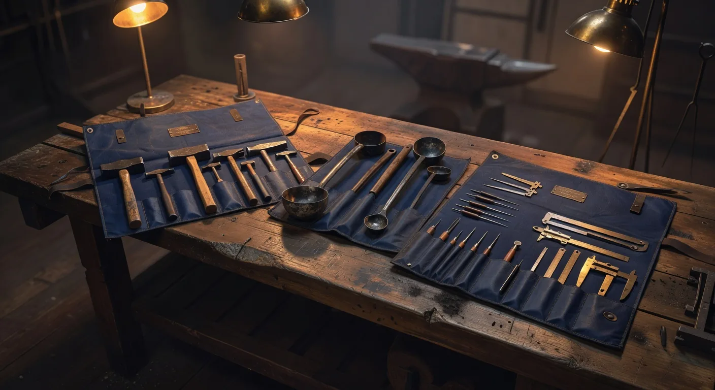 A long workbench inside the Plan Forge shop covered with a fanned-out collection of leather tool-roll cases, each tool roll opened to reveal a specialized set of tools for a different craft tradition (smithing hammers, casting ladles, etching needles, measuring instruments), each tool roll labeled with a small bronze plaque