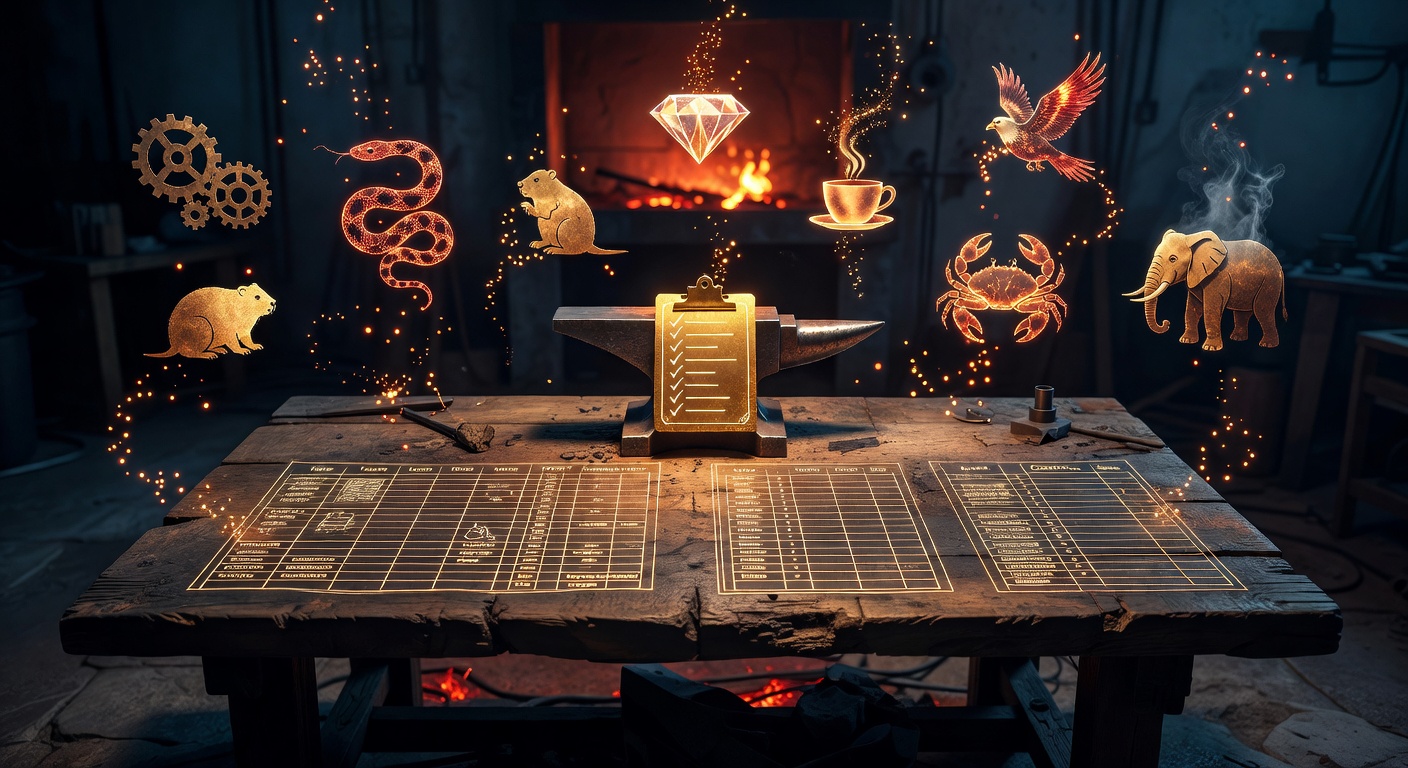 Forge workbench with glowing tracker blueprints, anvil with golden checklist, and tech stack mascots floating as ember particles