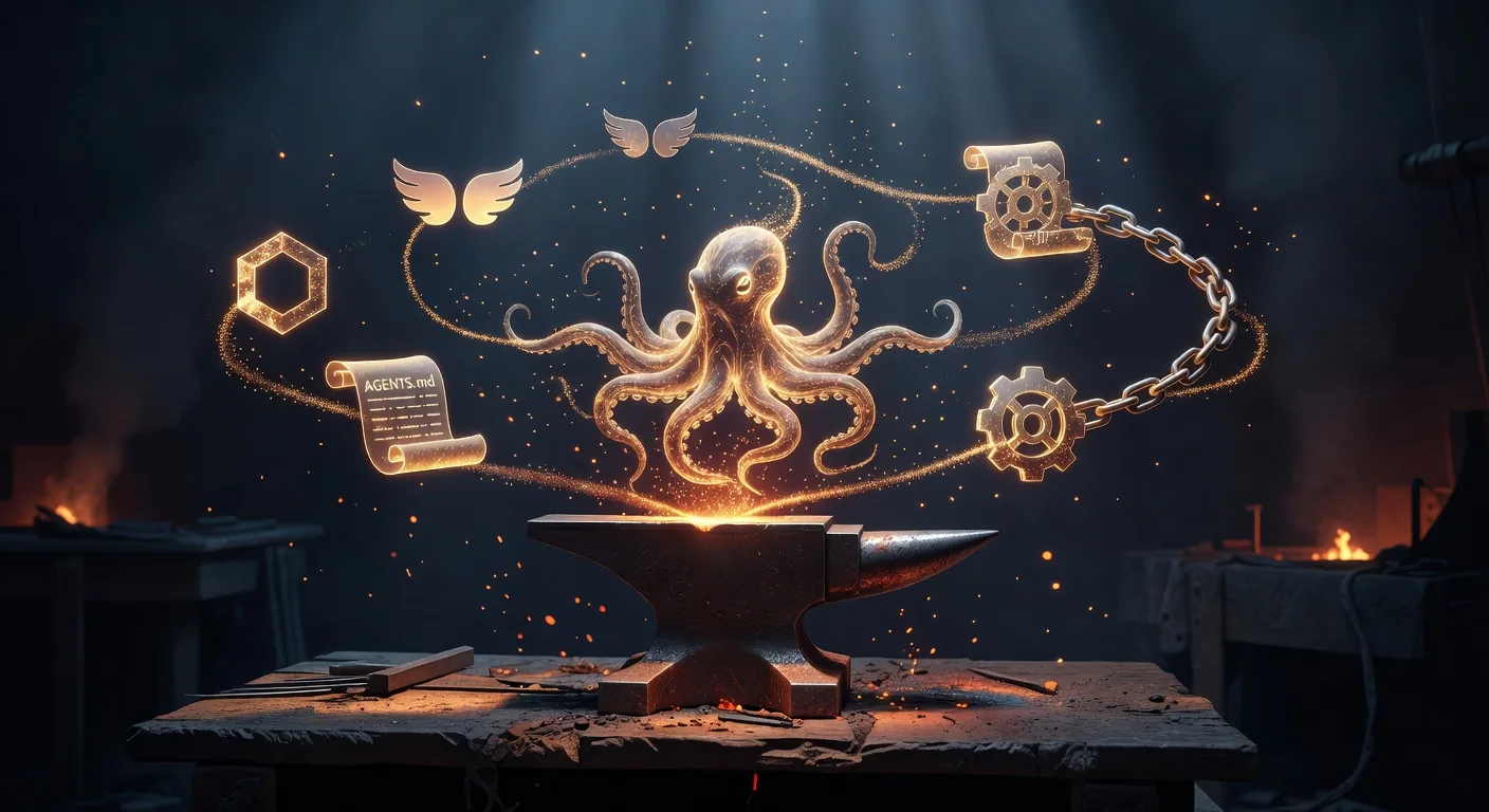 A glowing octopus made of golden ember particles emerging from an anvil, surrounded by floating GitHub-native icons (Copilot wings, MCP hex, AGENTS.md scroll, Skills gear with chain)
