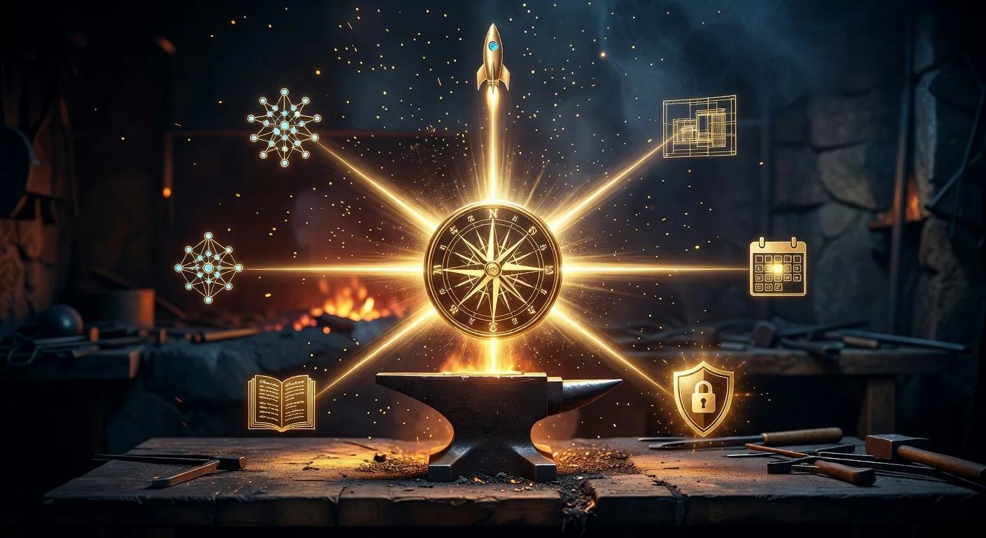 A glowing golden compass rose floating above the anvil, with six radiating beams ending in icons for the six enterprise concerns: network, architecture, calendar, security shield, audit ledger, deployment rocket