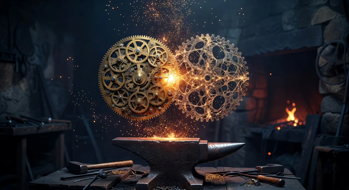 Two intricate gear assemblies meshing above the anvil, brass clockwork (GitHub primitives) interlocking with glowing amber filigree (Plan Forge orchestration), sparking ember particles upward at the meshing point