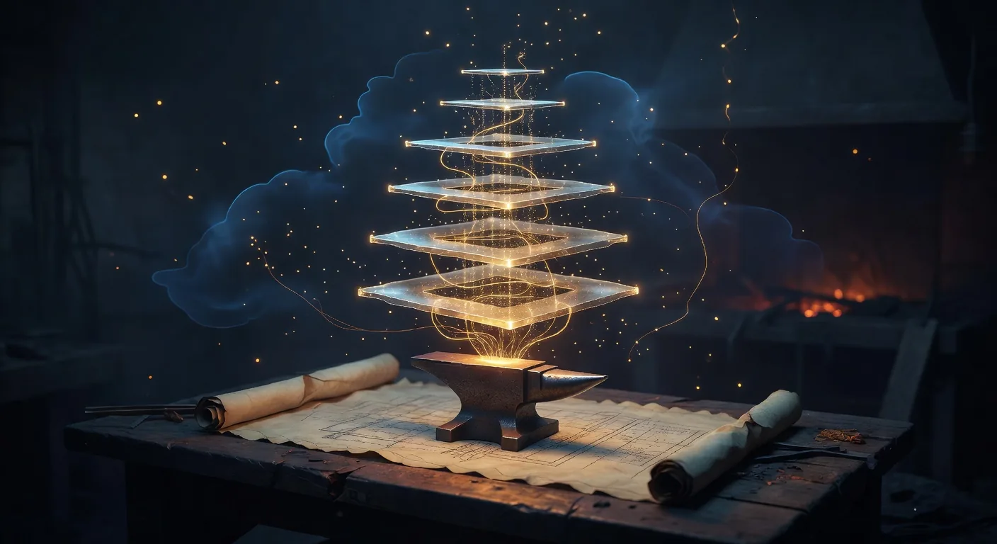 An architectural blueprint scroll on the workbench drawing itself into a 5-layer stacked tower of glowing translucent rectangles, anchored at the anvil base, with Azure-blue accents suggesting a cloud tenant boundary