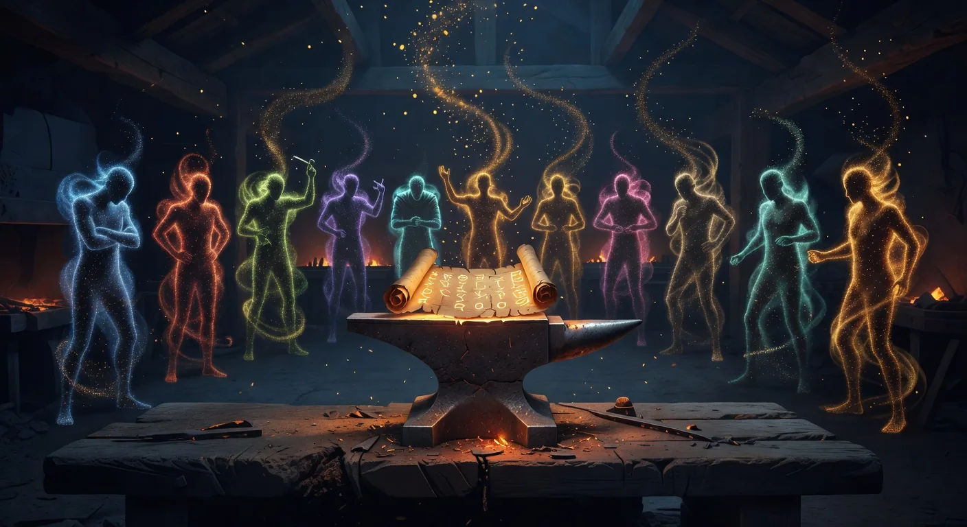 Twelve glowing humanoid silhouettes of varied specialist roles arranged in a semicircle around the anvil, each with a different colored aura (security blue, performance red, architecture green); a glowing recipe scroll at the center on the anvil