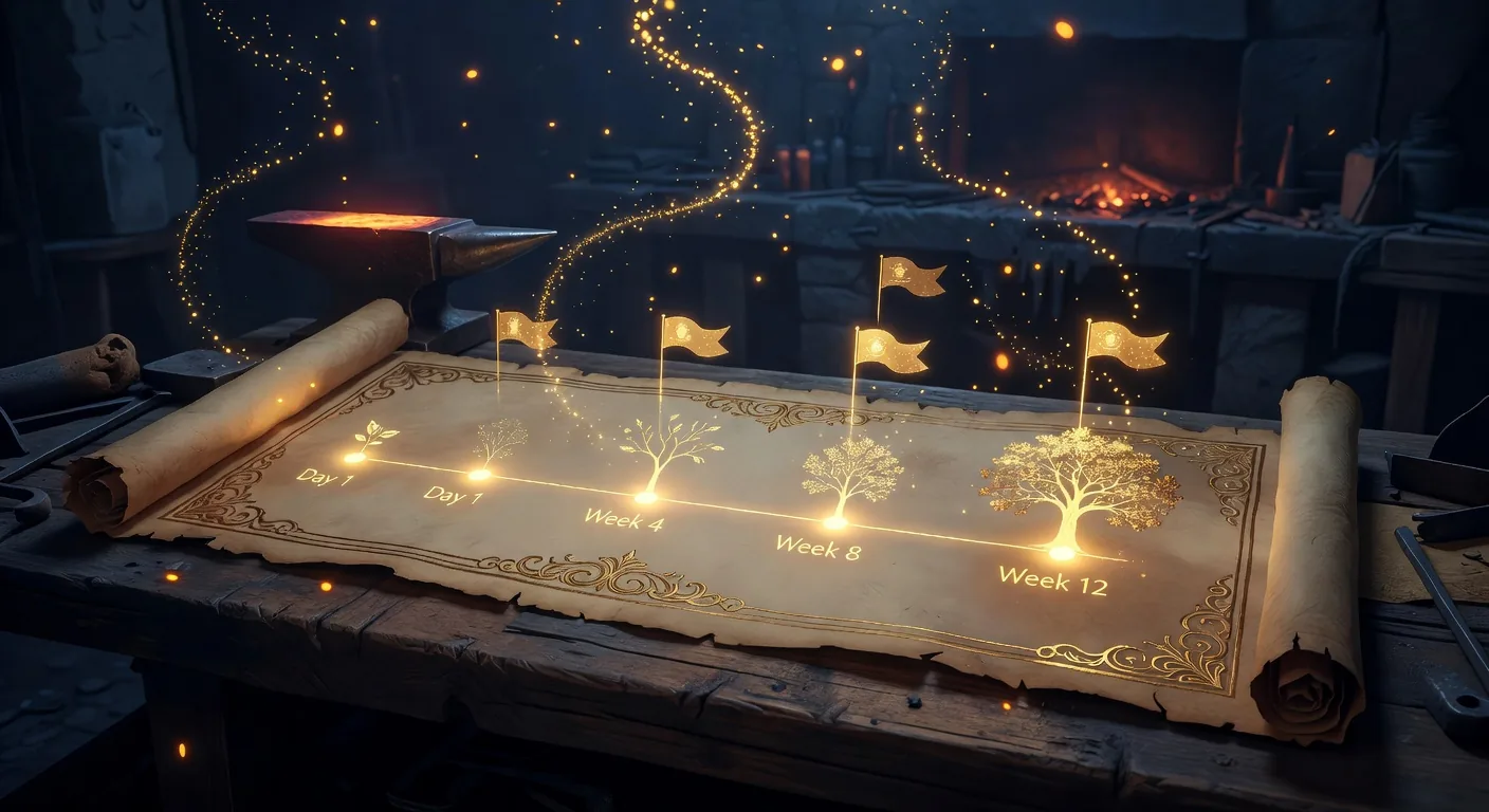An ornate calendar timeline scroll with glowing milestones at Day 1, Week 4, Week 8, Week 12 (seedling, sapling, young tree, mature tree). Five tiny team-flag silhouettes float in formation above the timeline