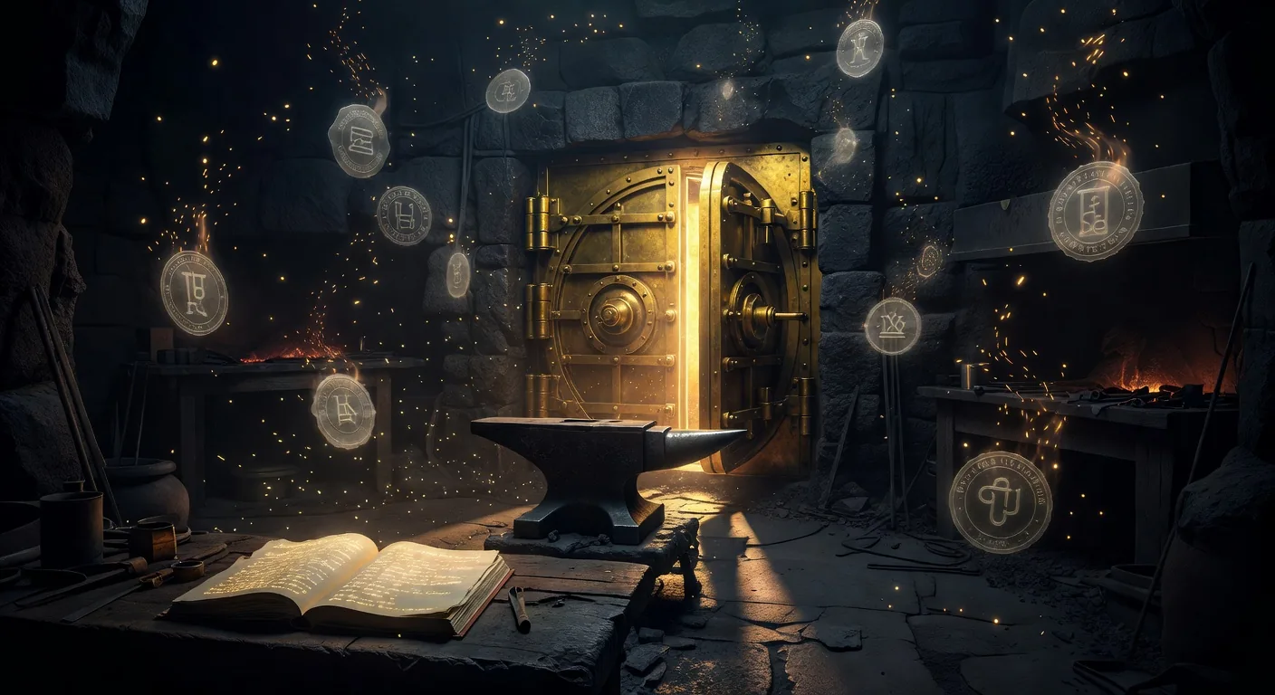 A massive glowing golden vault door embedded in the forge wall, slightly ajar with warm light pouring out. An illuminated audit ledger on the workbench. Ghost-translucent compliance seals drift in ember trails around the vault