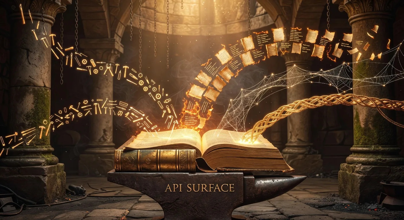 A monumental open bronze-bound ledger book resting on an anvil in a forge chamber, its glowing amber pages pouring four luminous streams outward representing the MCP tools, CLI commands, REST endpoints, and SDK exports; spine engraved API SURFACE in classical Roman serif
