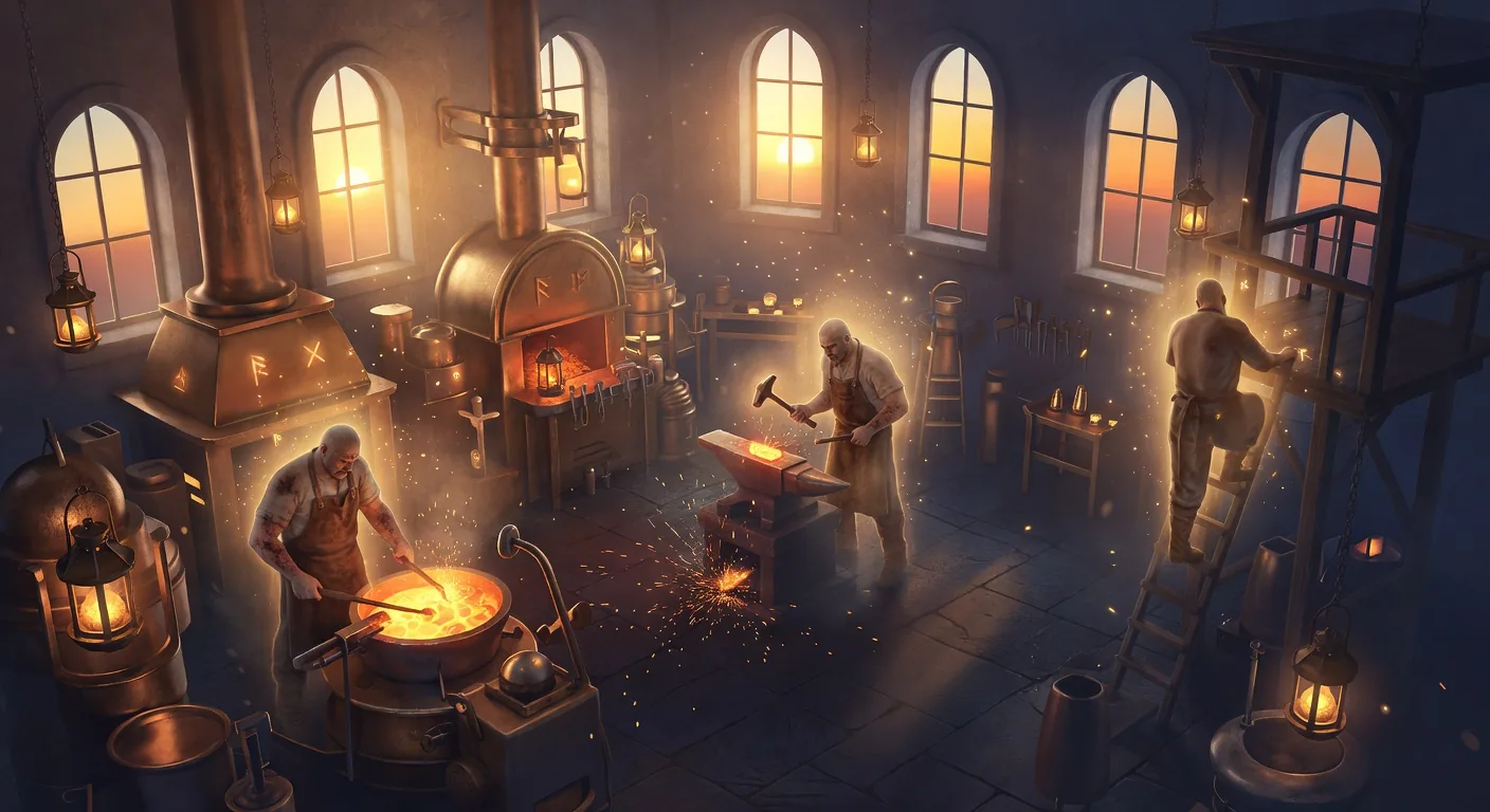 A wide overhead three-quarter shot of the Plan Forge shop floor with three smiths working simultaneously at three different stations (one at the crucible, one at the anvil, one at the watchtower), each surrounded by a soft glowing amber rune work-aura, the sun's arc visible through high arched windows showing the passage of a full day