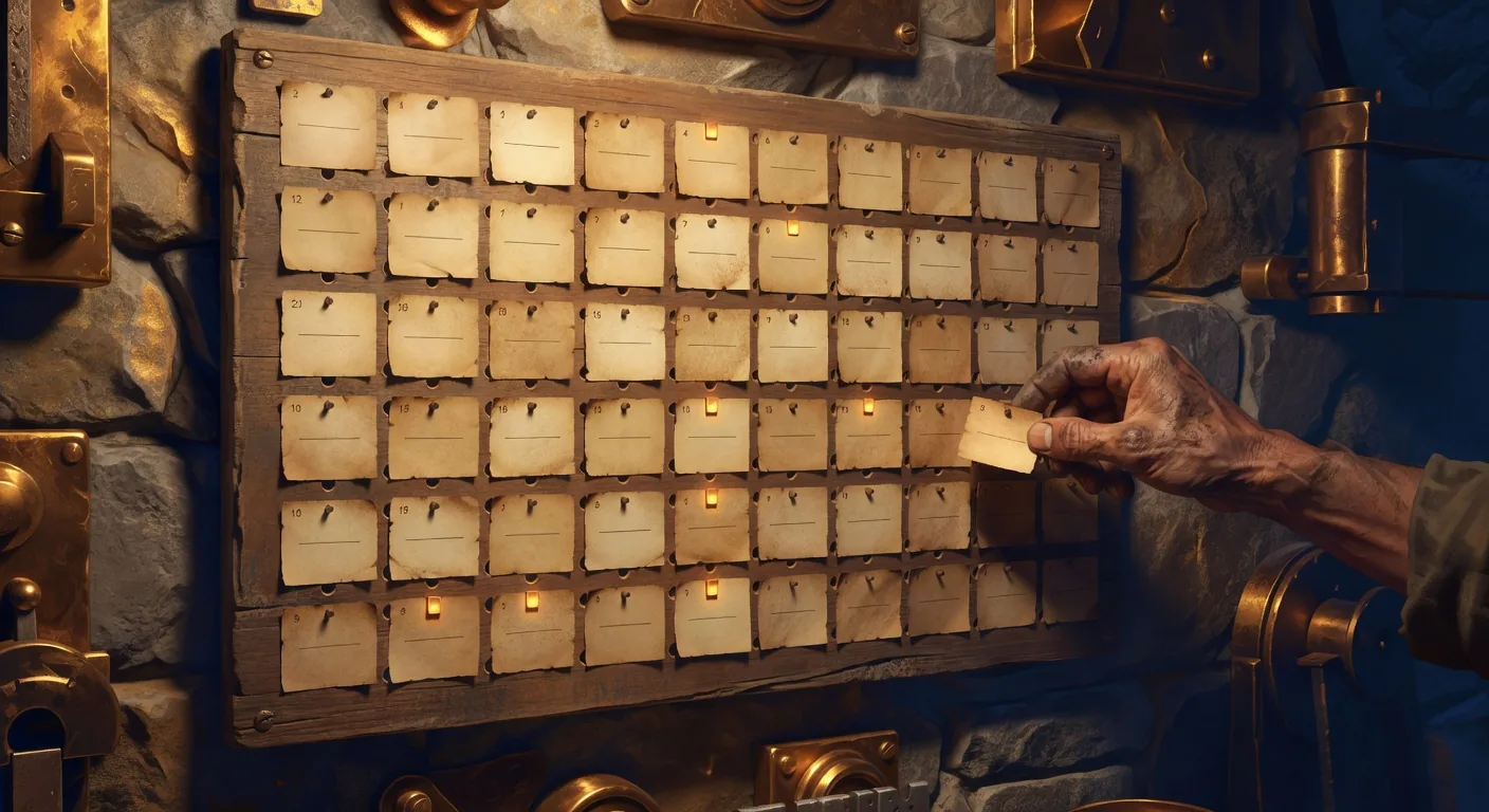 An open wooden task-board mounted on the stone wall of the Plan Forge shop, a pegboard with dozens of small parchment task cards hung in tidy numbered rows and columns, glowing amber priority tabs attached to some cards, a smith's calloused hand reaching to pull one card down for the day's work