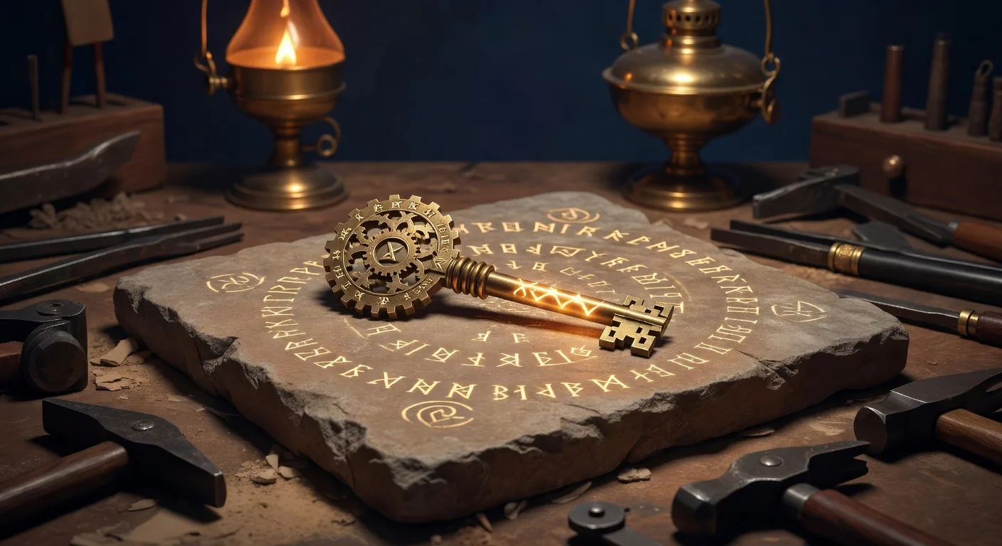 A single ornate enchanted brass key resting on a stone tablet at the workbench inside the Plan Forge shop, the key's bow shaped like a rune cog and its blade glowing softly amber, the stone tablet beside it inscribed with arcane configuration runes that glow faintly