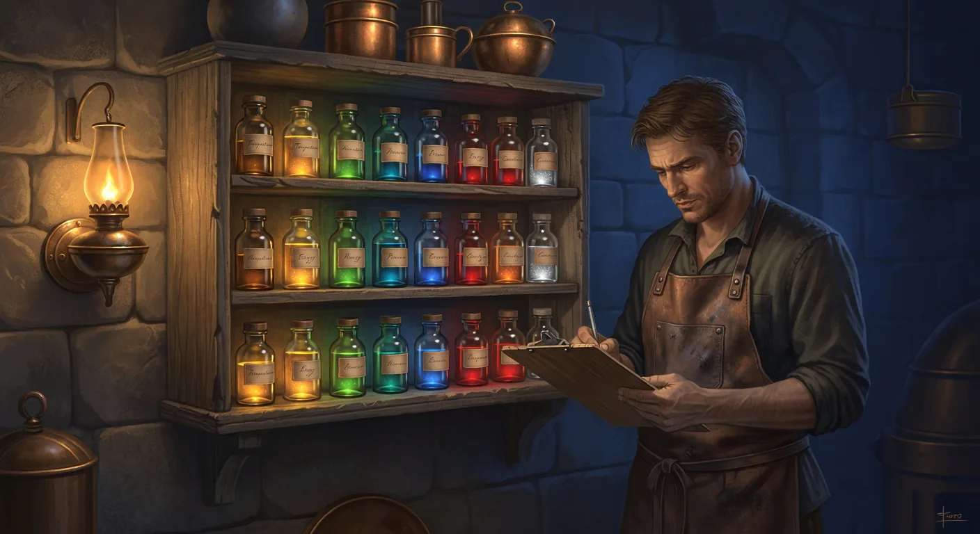 A tall wooden shelf on the stone wall of the Plan Forge shop holding a tidy rack of small labeled glass apothecary bottles, each containing a different colored softly glowing liquid (amber, emerald, sapphire, ruby, silver) representing environment variables, a smith with a clipboard checking labels