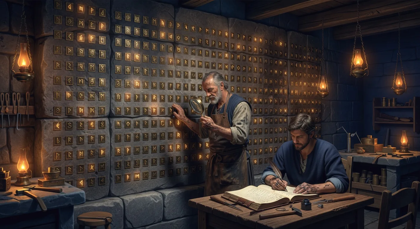 A tall stone wall inside the Plan Forge shop densely covered with hundreds of small bronze rune-stamps arranged in tidy categorical grid rows like a vast stamp-collection display, each stamp glowing softly amber, a smith with a magnifying glass examining one stamp while another smith catalogs in a ledger